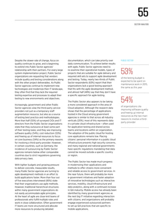 Despite the slower rate of change, focus on
quality continues to grow, and is beginning
to extend into Public Sector agencies’
relationship with their partners. For every large
system implementation project, Public Sector
organizations are requesting that vendors
include quality and testing considerations along
with the other project deliverables. As Public
Sector agencies continue to implement new
technologies and modernize their IT landscape,
they often find that they lack the required
testing expertise and processes to adapt their
testing to new environments and objectives.
Increasingly, government and other Public
Sector agencies view the third-party service
providers not just as a temporary staff
augmentation resource, but also as a source
of testing best practice and methodologies.
More than half (55%) of surveyed CIOs and IT
directors from the Public Sector organizations
state that they outsource at least some part
of their testing tasks; and they see improving
software quality (54%), cost reduction (53%)
and freeing up of internal resources to focus
on core business (54%) as the primary reasons
for involving a third-party provider. However,
in certain countries, such as Germany, the
incidence of outsourcing by Public Sector
agencies remains below other comparable
countries due to strict regulations governing
data privacy laws.
With tighter budgets and growing pressure
to deliver concrete, measurable results,
many Public Sector agencies are turning to
agile development methods in an effort to
build applications faster. More than four out
of five executives interviewed (85%) state
that their organizations use agile methods.
However, traditional hierarchical structures
within many government organizations do
not easily accommodate agile principles.
At the heart of agile are close-knit teams of
professionals who fulfill multiple roles and
work in close collaboration. Often government
IT teams are more structured and allocate
more resources to producing detailed
documentation, which can take priority over
daily communication. To achieve better results
with agile, Public Sector agencies need to
re-examine their operational models, types of
projects that are suitable for agile delivery and
required skill sets to support agile development
and testing. Today, nearly two-thirds of Public
Sector respondents (63%) report that their
organizations lack a good testing approach
that fits with the agile development method,
and almost half (48%) say that they don’t have
a specific approach for agile testing.
The Public Sector also appears to be taking
a more considered approach in the area of
Cloud adoption. Although the research data
shows that the percentage of applications
hosted in the Cloud among government
agencies is similar to that across all industry
verticals (20%), most of this represents data
in a private cloud infrastructure – often used
for application testing and shared across
teams and locations within an organization.
The adoption of the public cloud for hosting
core applications remains low. Placing
citizens’ personal information in a public cloud
infrastructure presents high security concerns,
and many regional and national governments
have specific regulations mandating that data
cannot be moved outside a specific country
or region.
The Public Sector has made much progress
in modernizing their applications and
methods to offer citizens more convenient
and reliable access to government services. In
the near future, there will probably be more
e-government initiatives and faster adoption
of innovative technologies such as interactive
services, mobility, cloud infrastructure and
data analytics, along with a continued increase
in QA maturity. Mobile access has already been
identified by many government agencies as
the next big IT initiative regarding interaction
with citizens; and organizations will probably
engage experienced outsourced partners
to set up QA practices that are specific to
mobile applications.
Public Sector
53%
of the testing budget is
expected to be spent on
maintenance work in 2015,
the same as this year
54%
of organizations cite
improving software quality
and freeing up internal
resources as the two main
reasons to involve a third-
party provider
55
Sector analysis
 