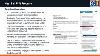 High Fail Unit Program
Sample actions taken
• School-based professional development on
assessment design and moderation;
• Review of Blackboard sites and the design and
implementation of a new Blackboard template
detailing minimum requirements for all units;
• First Year Unit Health Check applied to all first
year units with follow-up actions detailed in
comprehensive reviews;
• Review and redesign of assessment regimes,
including the design of early assessment tasks;
• Learning support embedded in targeted units
around assessment tasks, including in classroom
writing or numeracy activities and additional
learning support sessions;
• Units selected to engage in PASS (Peer Assisted
Study Sessions).
 