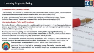 Assessment Policy and Procedures
The University is committed to assessment practices that enhance students’ global competitiveness
by embedding communication and generic skills within key tasks (4.2 a)
A variety of Assessment Types appropriate to the discipline must be used across a Course,
including Assessment Types that assess written and oral communication (3.6)
Curriculum Design Policy and Procedures
Curriculum Design will be developed in a collaborative environment (4.1), and contextualise and
embed generic skills, including communication, teamwork and self- management, problem-solving
and critical thinking across the course (4.9).
Each course will specify entry and exit standards for English Language Proficiency. All
commencing students will undertake a diagnostic assessment of relevant communication skills in
consultation with the Post-entry Language Assessment (PELA) Adviser
Course Coordinators will designate summative assessment tasks throughout the course which act
as milestones to assure communication skills development, and actively collaborate in the
Learning Support: Policy
interventions for students who are not able to meet these milestones
Academic Teaching Staff will be supported by the Centre for Learning and
Teaching to systematically and explicitly teach and assess communication skills
across the course.
 
