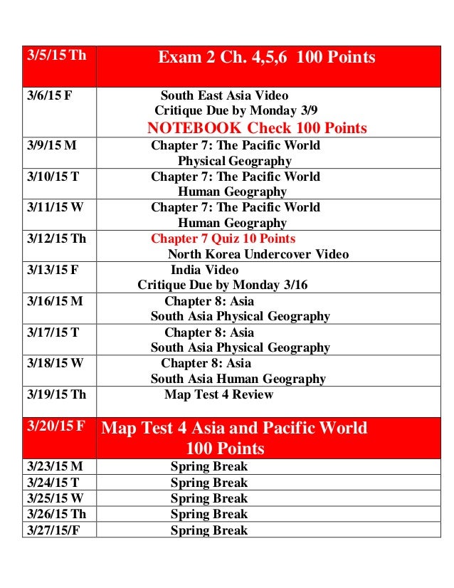 World regional geography course schedule Spring 2015