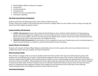 •
•
•
•
•
•

World Religions Map for students to complete 
Posterboard 
Overhead projector  
Transparencies 
Markers to write on transparencies 
Powerpoint capability 

 
The Hook: Journal Entry (15minutes) 
 
Students will answer the following prompt in their History reflection journal. 
Prompt: Think of the conflicts in the world today that are based on religion. What are some of them, where are they occurring, and 
why do you think religion has played a factor?  
 
Lesson Activities: (60 minutes)                                                                             
•

•

CHART: (30 minutes) Students will complete the World Religions charts. Students will be divided into 5 heterogeneous 
groups and will be assigned one religion each to research using classroom resources the teacher has provided (textbooks, 
library resources brought in, internet, etc). Each group will complete their country’s section on the chart and will present the 
information to the class so their classmates can complete the chart.  
PRESENTATION (30 minutes)Each presentation can be completed in many ways. Students may use the overhead projector, a 
power point presentation, or a poster to convey the information for their classmates.  

Lesson Closure: (15 minutes)                                                                                 
Students will complete the Map of Major Religions individually and turn it in for a grade at the end of class. Students that do not 
complete the map in class may complete the map for homework. 
Diverse Learner Needs:  
There will be no changes made in curriculum. Students who have diverse needs in the classroom will be placed in groups with 
students who can help them stay on task or understand the assignment. Because many of the activities in this lesson are group 
activities, students with disabilities will be monitored by the teacher to ensure understanding and comprehension of the activities, so 
instruction will not be modified.   Many problems have been addressed by the supportive format of the notes and activities. Changes 
in assessment will be made as follows: Students may also be allowed to bullet their reflective journal entry and may work with a 
partner to complete the map assignment. Students who complete all work ahead of the class will be given some enduring 
understanding questions to investigate and answer in their reflective journal.  
Assessment Strategies: 

 