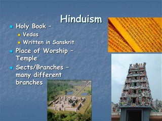 

Holy Book –








Hinduism

Vedas
Written in Sanskrit

Place of Worship –
Temple
Sects/Branches –
many different
branches

 