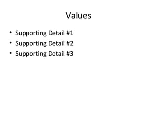 Values Supporting Detail #1 Supporting Detail #2 Supporting Detail #3 
