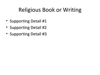 Religious Book or Writing Supporting Detail #1 Supporting Detail #2 Supporting Detail #3 