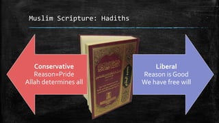 Muslim Scripture: Hadiths




   Conservative                  Liberal
   Reason=Pride              Reason is Good
Allah determines all         We have free will
 