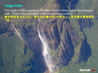 The height of this waterfall is 979 Mtrs. Sixteen times higher than Niagara Falls. Three times the height of the Empire state building. 瀑布高度為 979 公尺。較尼加拉瀑布高 16 倍以上。是帝國大廈高度的 3 倍。 Angel Falls  