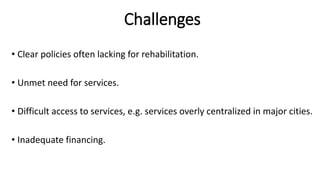 Challenges
• Clear policies often lacking for rehabilitation.
• Unmet need for services.
• Difficult access to services, e.g. services overly centralized in major cities.
• Inadequate financing.
 