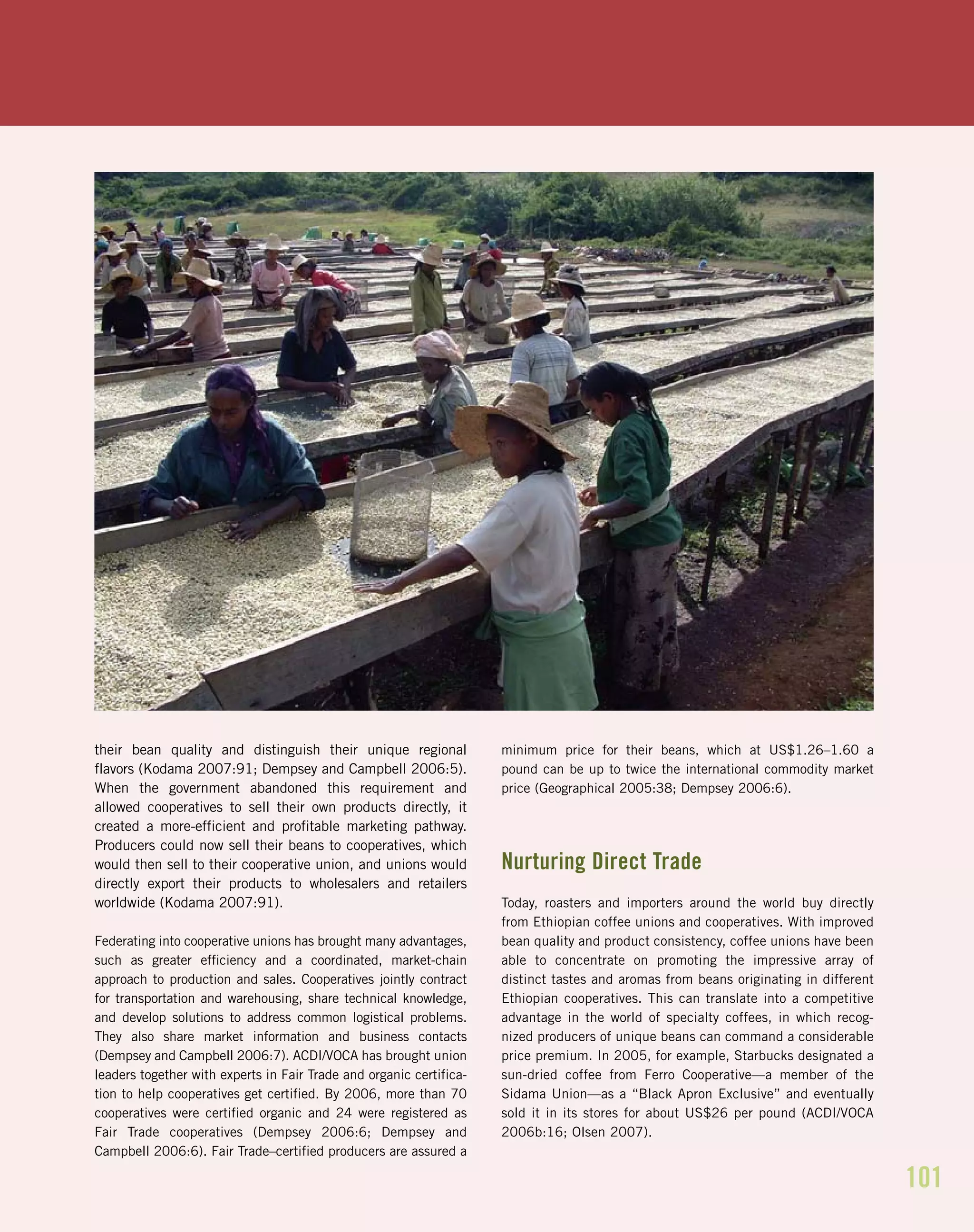 101
their bean quality and distinguish their unique regional
flavors (Kodama 2007:91; Dempsey and Campbell 2006:5).
When the government abandoned this requirement and
allowed cooperatives to sell their own products directly, it
created a more-efficient and profitable marketing pathway.
Producers could now sell their beans to cooperatives, which
would then sell to their cooperative union, and unions would
directly export their products to wholesalers and retailers
worldwide (Kodama 2007:91).
Federating into cooperative unions has brought many advantages,
such as greater efficiency and a coordinated, market-chain
approach to production and sales. Cooperatives jointly contract
for transportation and warehousing, share technical knowledge,
and develop solutions to address common logistical problems.
They also share market information and business contacts
(Dempsey and Campbell 2006:7). ACDI/VOCA has brought union
leaders together with experts in Fair Trade and organic certifica-
tion to help cooperatives get certified. By 2006, more than 70
cooperatives were certified organic and 24 were registered as
Fair Trade cooperatives (Dempsey 2006:6; Dempsey and
Campbell 2006:6). Fair Trade–certified producers are assured a
minimum price for their beans, which at US$1.26–1.60 a
pound can be up to twice the international commodity market
price (Geographical 2005:38; Dempsey 2006:6).
Nurturing Direct Trade
Today, roasters and importers around the world buy directly
from Ethiopian coffee unions and cooperatives. With improved
bean quality and product consistency, coffee unions have been
able to concentrate on promoting the impressive array of
distinct tastes and aromas from beans originating in different
Ethiopian cooperatives. This can translate into a competitive
advantage in the world of specialty coffees, in which recog-
nized producers of unique beans can command a considerable
price premium. In 2005, for example, Starbucks designated a
sun-dried coffee from Ferro Cooperative—a member of the
Sidama Union—as a “Black Apron Exclusive” and eventually
sold it in its stores for about US$26 per pound (ACDI/VOCA
2006b:16; Olsen 2007).
 