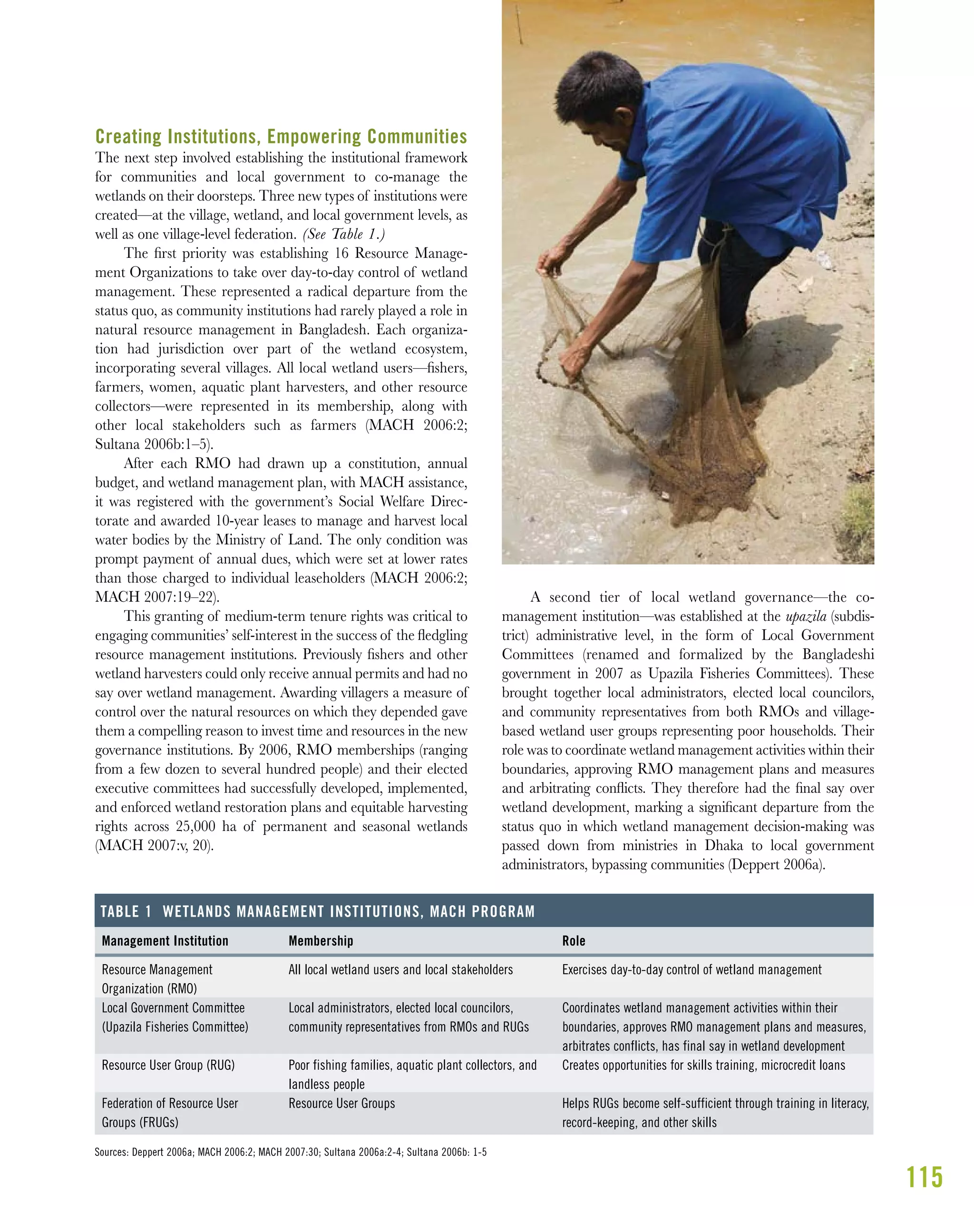 115
Creating Institutions, Empowering Communities
The next step involved establishing the institutional framework
for communities and local government to co-manage the
wetlands on their doorsteps. Three new types of institutions were
created—at the village, wetland, and local government levels, as
well as one village-level federation. (See Table 1.)
The ﬁrst priority was establishing 16 Resource Manage-
ment Organizations to take over day-to-day control of wetland
management. These represented a radical departure from the
status quo, as community institutions had rarely played a role in
natural resource management in Bangladesh. Each organiza-
tion had jurisdiction over part of the wetland ecosystem,
incorporating several villages. All local wetland users—ﬁshers,
farmers, women, aquatic plant harvesters, and other resource
collectors—were represented in its membership, along with
other local stakeholders such as farmers (MACH 2006:2;
Sultana 2006b:1–5).
After each RMO had drawn up a constitution, annual
budget, and wetland management plan, with MACH assistance,
it was registered with the government’s Social Welfare Direc-
torate and awarded 10-year leases to manage and harvest local
water bodies by the Ministry of Land. The only condition was
prompt payment of annual dues, which were set at lower rates
than those charged to individual leaseholders (MACH 2006:2;
MACH 2007:19–22).
This granting of medium-term tenure rights was critical to
engaging communities’ self-interest in the success of the ﬂedgling
resource management institutions. Previously ﬁshers and other
wetland harvesters could only receive annual permits and had no
say over wetland management. Awarding villagers a measure of
control over the natural resources on which they depended gave
them a compelling reason to invest time and resources in the new
governance institutions. By 2006, RMO memberships (ranging
from a few dozen to several hundred people) and their elected
executive committees had successfully developed, implemented,
and enforced wetland restoration plans and equitable harvesting
rights across 25,000 ha of permanent and seasonal wetlands
(MACH 2007:v, 20).
A second tier of local wetland governance—the co-
management institution—was established at the upazila (subdis-
trict) administrative level, in the form of Local Government
Committees (renamed and formalized by the Bangladeshi
government in 2007 as Upazila Fisheries Committees). These
brought together local administrators, elected local councilors,
and community representatives from both RMOs and village-
based wetland user groups representing poor households. Their
role was to coordinate wetland management activities within their
boundaries, approving RMO management plans and measures
and arbitrating conﬂicts. They therefore had the ﬁnal say over
wetland development, marking a signiﬁcant departure from the
status quo in which wetland management decision-making was
passed down from ministries in Dhaka to local government
administrators, bypassing communities (Deppert 2006a).
Role
Exercises day-to-day control of wetland management
Coordinates wetland management activities within their
boundaries, approves RMO management plans and measures,
arbitrates conflicts, has final say in wetland development
Creates opportunities for skills training, microcredit loans
Helps RUGs become self-sufficient through training in literacy,
record-keeping, and other skills
Membership
All local wetland users and local stakeholders
Local administrators, elected local councilors,
community representatives from RMOs and RUGs
Poor fishing families, aquatic plant collectors, and
landless people
Resource User Groups
Management Institution
Resource Management
Organization (RMO)
Local Government Committee
(Upazila Fisheries Committee)
Resource User Group (RUG)
Federation of Resource User
Groups (FRUGs)
TABLE 1 WETLANDS MANAGEMENT INSTITUTIONS, MACH PROGRAM
Sources: Deppert 2006a; MACH 2006:2; MACH 2007:30; Sultana 2006a:2-4; Sultana 2006b: 1-5
 