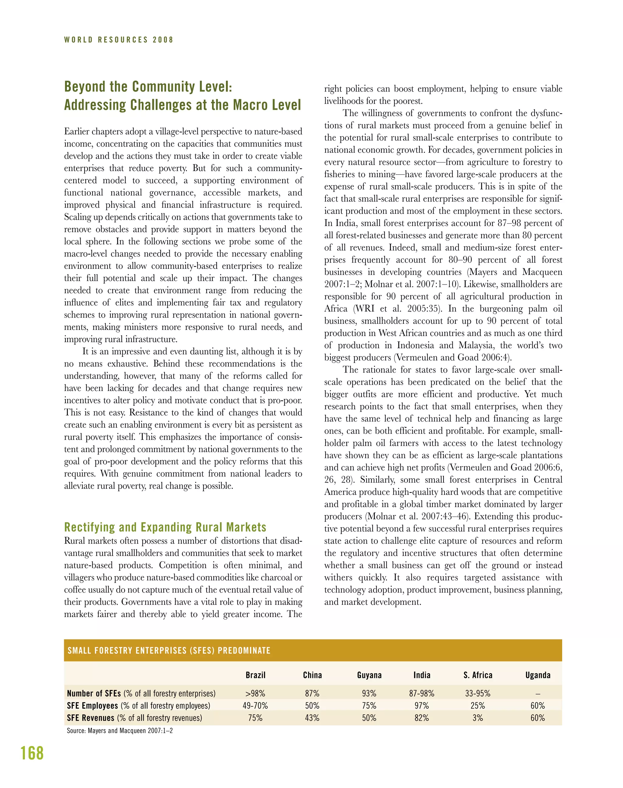 168
W O R L D R E S O U R C E S 2 0 0 8
Beyond the Community Level:
Addressing Challenges at the Macro Level
Earlier chapters adopt a village-level perspective to nature-based
income, concentrating on the capacities that communities must
develop and the actions they must take in order to create viable
enterprises that reduce poverty. But for such a community-
centered model to succeed, a supporting environment of
functional national governance, accessible markets, and
improved physical and ﬁnancial infrastructure is required.
Scaling up depends critically on actions that governments take to
remove obstacles and provide support in matters beyond the
local sphere. In the following sections we probe some of the
macro-level changes needed to provide the necessary enabling
environment to allow community-based enterprises to realize
their full potential and scale up their impact. The changes
needed to create that environment range from reducing the
inﬂuence of elites and implementing fair tax and regulatory
schemes to improving rural representation in national govern-
ments, making ministers more responsive to rural needs, and
improving rural infrastructure.
It is an impressive and even daunting list, although it is by
no means exhaustive. Behind these recommendations is the
understanding, however, that many of the reforms called for
have been lacking for decades and that change requires new
incentives to alter policy and motivate conduct that is pro-poor.
This is not easy. Resistance to the kind of changes that would
create such an enabling environment is every bit as persistent as
rural poverty itself. This emphasizes the importance of consis-
tent and prolonged commitment by national governments to the
goal of pro-poor development and the policy reforms that this
requires. With genuine commitment from national leaders to
alleviate rural poverty, real change is possible.
Rectifying and Expanding Rural Markets
Rural markets often possess a number of distortions that disad-
vantage rural smallholders and communities that seek to market
nature-based products. Competition is often minimal, and
villagers who produce nature-based commodities like charcoal or
coffee usually do not capture much of the eventual retail value of
their products. Governments have a vital role to play in making
markets fairer and thereby able to yield greater income. The
right policies can boost employment, helping to ensure viable
livelihoods for the poorest.
The willingness of governments to confront the dysfunc-
tions of rural markets must proceed from a genuine belief in
the potential for rural small-scale enterprises to contribute to
national economic growth. For decades, government policies in
every natural resource sector—from agriculture to forestry to
fisheries to mining—have favored large-scale producers at the
expense of rural small-scale producers. This is in spite of the
fact that small-scale rural enterprises are responsible for signif-
icant production and most of the employment in these sectors.
In India, small forest enterprises account for 87–98 percent of
all forest-related businesses and generate more than 80 percent
of all revenues. Indeed, small and medium-size forest enter-
prises frequently account for 80–90 percent of all forest
businesses in developing countries (Mayers and Macqueen
2007:1–2; Molnar et al. 2007:1–10). Likewise, smallholders are
responsible for 90 percent of all agricultural production in
Africa (WRI et al. 2005:35). In the burgeoning palm oil
business, smallholders account for up to 90 percent of total
production in West African countries and as much as one third
of production in Indonesia and Malaysia, the world’s two
biggest producers (Vermeulen and Goad 2006:4).
The rationale for states to favor large-scale over small-
scale operations has been predicated on the belief that the
bigger outfits are more efficient and productive. Yet much
research points to the fact that small enterprises, when they
have the same level of technical help and financing as large
ones, can be both efficient and profitable. For example, small-
holder palm oil farmers with access to the latest technology
have shown they can be as efficient as large-scale plantations
and can achieve high net profits (Vermeulen and Goad 2006:6,
26, 28). Similarly, some small forest enterprises in Central
America produce high-quality hard woods that are competitive
and profitable in a global timber market dominated by larger
producers (Molnar et al. 2007:43–46). Extending this produc-
tive potential beyond a few successful rural enterprises requires
state action to challenge elite capture of resources and reform
the regulatory and incentive structures that often determine
whether a small business can get off the ground or instead
withers quickly. It also requires targeted assistance with
technology adoption, product improvement, business planning,
and market development.
SMALL FORESTRY ENTERPRISES (SFES) PREDOMINATE
Brazil China Guyana India S. Africa Uganda
Number of SFEs (% of all forestry enterprises) >98% 87% 93% 87-98% 33-95% –
SFE Employees (% of all forestry employees) 49-70% 50% 75% 97% 25% 60%
SFE Revenues (% of all forestry revenues) 75% 43% 50% 82% 3% 60%
Source: Mayers and Macqueen 2007:1–2
 