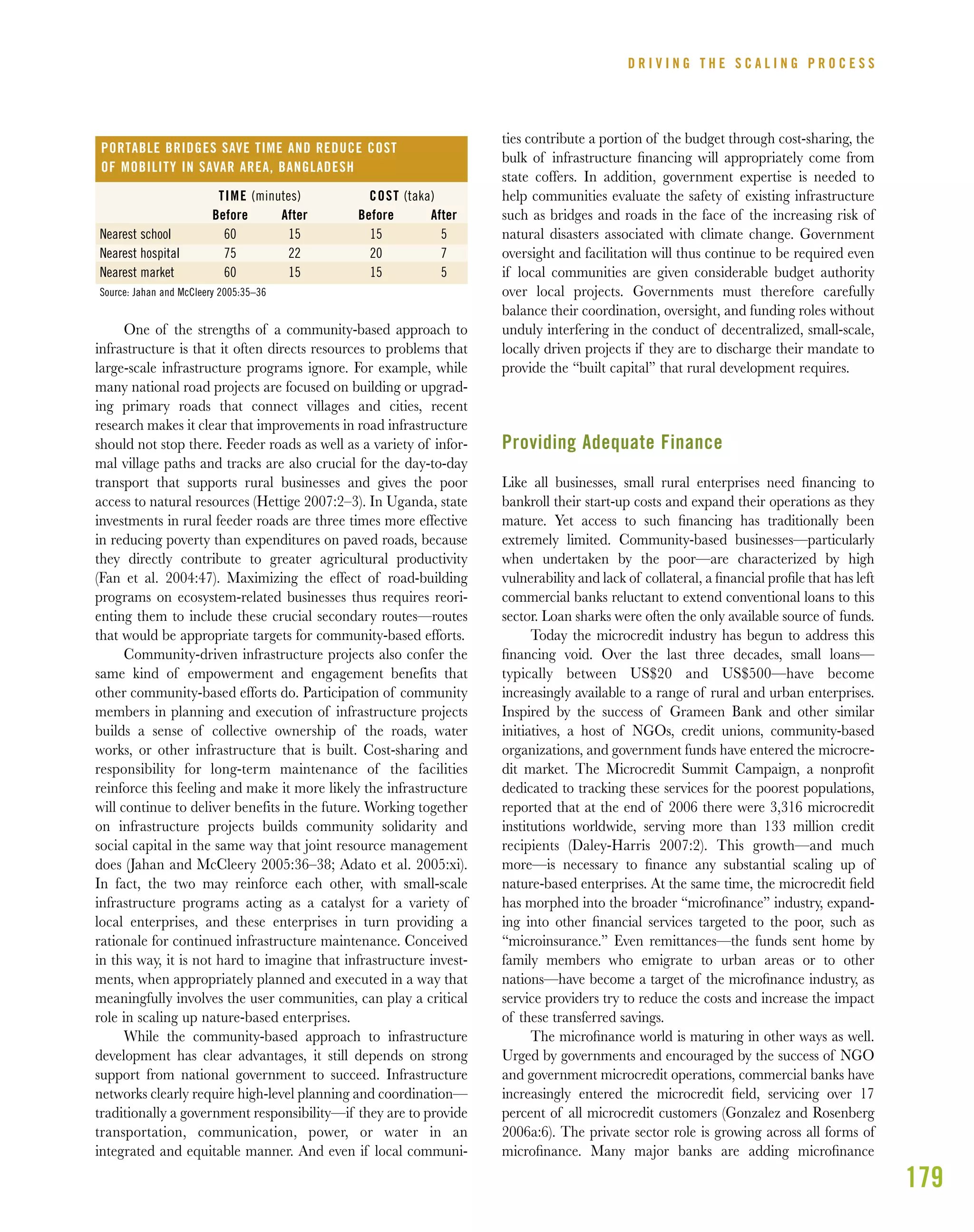 179
One of the strengths of a community-based approach to
infrastructure is that it often directs resources to problems that
large-scale infrastructure programs ignore. For example, while
many national road projects are focused on building or upgrad-
ing primary roads that connect villages and cities, recent
research makes it clear that improvements in road infrastructure
should not stop there. Feeder roads as well as a variety of infor-
mal village paths and tracks are also crucial for the day-to-day
transport that supports rural businesses and gives the poor
access to natural resources (Hettige 2007:2–3). In Uganda, state
investments in rural feeder roads are three times more effective
in reducing poverty than expenditures on paved roads, because
they directly contribute to greater agricultural productivity
(Fan et al. 2004:47). Maximizing the effect of road-building
programs on ecosystem-related businesses thus requires reori-
enting them to include these crucial secondary routes—routes
that would be appropriate targets for community-based efforts.
Community-driven infrastructure projects also confer the
same kind of empowerment and engagement benefits that
other community-based efforts do. Participation of community
members in planning and execution of infrastructure projects
builds a sense of collective ownership of the roads, water
works, or other infrastructure that is built. Cost-sharing and
responsibility for long-term maintenance of the facilities
reinforce this feeling and make it more likely the infrastructure
will continue to deliver benefits in the future. Working together
on infrastructure projects builds community solidarity and
social capital in the same way that joint resource management
does (Jahan and McCleery 2005:36–38; Adato et al. 2005:xi).
In fact, the two may reinforce each other, with small-scale
infrastructure programs acting as a catalyst for a variety of
local enterprises, and these enterprises in turn providing a
rationale for continued infrastructure maintenance. Conceived
in this way, it is not hard to imagine that infrastructure invest-
ments, when appropriately planned and executed in a way that
meaningfully involves the user communities, can play a critical
role in scaling up nature-based enterprises.
While the community-based approach to infrastructure
development has clear advantages, it still depends on strong
support from national government to succeed. Infrastructure
networks clearly require high-level planning and coordination—
traditionally a government responsibility—if they are to provide
transportation, communication, power, or water in an
integrated and equitable manner. And even if local communi-
ties contribute a portion of the budget through cost-sharing, the
bulk of infrastructure ﬁnancing will appropriately come from
state coffers. In addition, government expertise is needed to
help communities evaluate the safety of existing infrastructure
such as bridges and roads in the face of the increasing risk of
natural disasters associated with climate change. Government
oversight and facilitation will thus continue to be required even
if local communities are given considerable budget authority
over local projects. Governments must therefore carefully
balance their coordination, oversight, and funding roles without
unduly interfering in the conduct of decentralized, small-scale,
locally driven projects if they are to discharge their mandate to
provide the “built capital” that rural development requires.
Providing Adequate Finance
Like all businesses, small rural enterprises need ﬁnancing to
bankroll their start-up costs and expand their operations as they
mature. Yet access to such ﬁnancing has traditionally been
extremely limited. Community-based businesses—particularly
when undertaken by the poor—are characterized by high
vulnerability and lack of collateral, a ﬁnancial proﬁle that has left
commercial banks reluctant to extend conventional loans to this
sector. Loan sharks were often the only available source of funds.
Today the microcredit industry has begun to address this
ﬁnancing void. Over the last three decades, small loans—
typically between US$20 and US$500—have become
increasingly available to a range of rural and urban enterprises.
Inspired by the success of Grameen Bank and other similar
initiatives, a host of NGOs, credit unions, community-based
organizations, and government funds have entered the microcre-
dit market. The Microcredit Summit Campaign, a nonproﬁt
dedicated to tracking these services for the poorest populations,
reported that at the end of 2006 there were 3,316 microcredit
institutions worldwide, serving more than 133 million credit
recipients (Daley-Harris 2007:2). This growth—and much
more—is necessary to ﬁnance any substantial scaling up of
nature-based enterprises. At the same time, the microcredit ﬁeld
has morphed into the broader “microﬁnance” industry, expand-
ing into other ﬁnancial services targeted to the poor, such as
“microinsurance.” Even remittances—the funds sent home by
family members who emigrate to urban areas or to other
nations—have become a target of the microﬁnance industry, as
service providers try to reduce the costs and increase the impact
of these transferred savings.
The microﬁnance world is maturing in other ways as well.
Urged by governments and encouraged by the success of NGO
and government microcredit operations, commercial banks have
increasingly entered the microcredit ﬁeld, servicing over 17
percent of all microcredit customers (Gonzalez and Rosenberg
2006a:6). The private sector role is growing across all forms of
microﬁnance. Many major banks are adding microﬁnance
D R I V I N G T H E S C A L I N G P R O C E S S
PORTABLE BRIDGES SAVE TIME AND REDUCE COST
OF MOBILITY IN SAVAR AREA, BANGLADESH
TIME (minutes) COST (taka)
Before After Before After
Nearest school 60 15 15 5
Nearest hospital 75 22 20 7
Nearest market 60 15 15 5
Source: Jahan and McCleery 2005:35–36
 