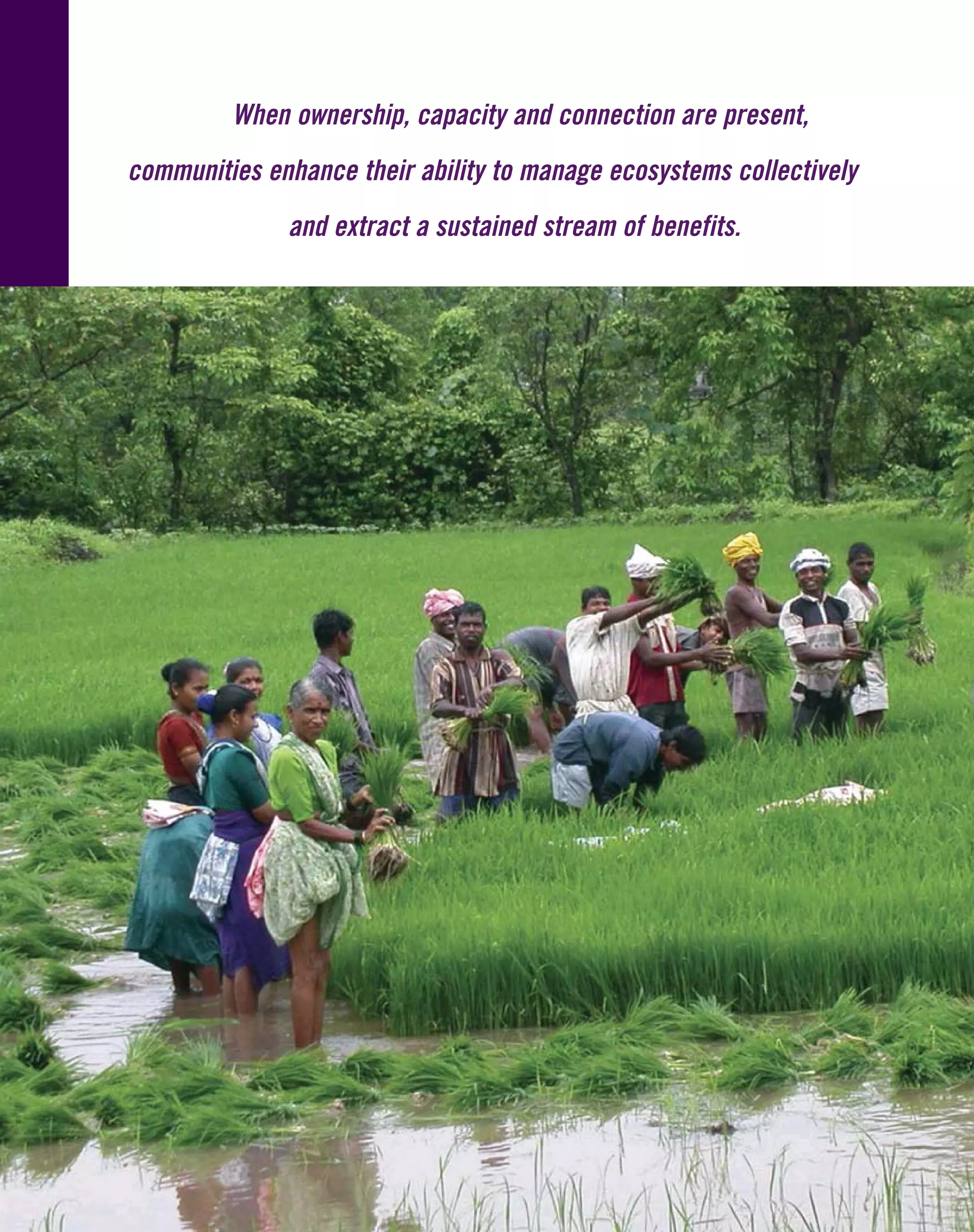 When ownership, capacity and connection are present,
communities enhance their ability to manage ecosystems collectively
and extract a sustained stream of benefits.
 