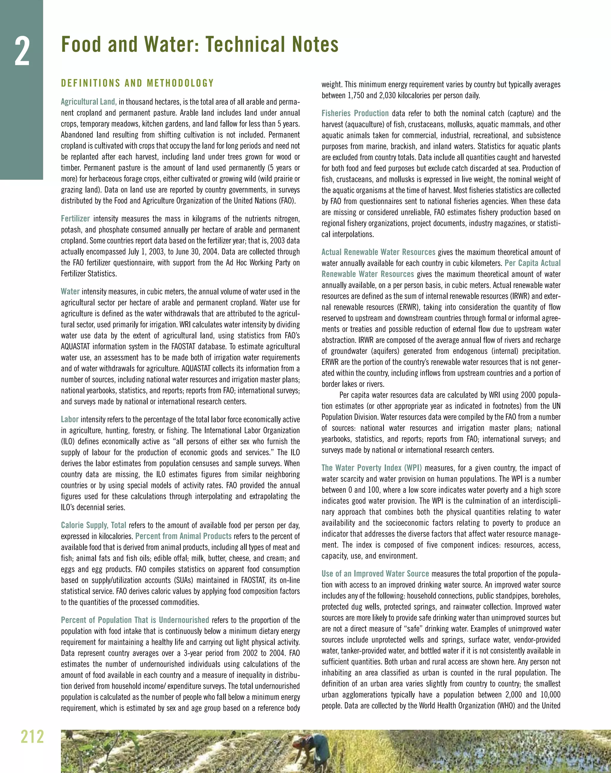 DEFINITIONS AND METHODOLOGY
Agricultural Land, in thousand hectares, is the total area of all arable and perma-
nent cropland and permanent pasture. Arable land includes land under annual
crops, temporary meadows, kitchen gardens, and land fallow for less than 5 years.
Abandoned land resulting from shifting cultivation is not included. Permanent
cropland is cultivated with crops that occupy the land for long periods and need not
be replanted after each harvest, including land under trees grown for wood or
timber. Permanent pasture is the amount of land used permanently (5 years or
more) for herbaceous forage crops, either cultivated or growing wild (wild prairie or
grazing land). Data on land use are reported by country governments, in surveys
distributed by the Food and Agriculture Organization of the United Nations (FAO).
Fertilizer intensity measures the mass in kilograms of the nutrients nitrogen,
potash, and phosphate consumed annually per hectare of arable and permanent
cropland. Some countries report data based on the fertilizer year; that is, 2003 data
actually encompassed July 1, 2003, to June 30, 2004. Data are collected through
the FAO fertilizer questionnaire, with support from the Ad Hoc Working Party on
Fertilizer Statistics.
Water intensity measures, in cubic meters, the annual volume of water used in the
agricultural sector per hectare of arable and permanent cropland. Water use for
agriculture is defined as the water withdrawals that are attributed to the agricul-
tural sector, used primarily for irrigation. WRI calculates water intensity by dividing
water use data by the extent of agricultural land, using statistics from FAO’s
AQUASTAT information system in the FAOSTAT database. To estimate agricultural
water use, an assessment has to be made both of irrigation water requirements
and of water withdrawals for agriculture. AQUASTAT collects its information from a
number of sources, including national water resources and irrigation master plans;
national yearbooks, statistics, and reports; reports from FAO; international surveys;
and surveys made by national or international research centers.
Labor intensity refers to the percentage of the total labor force economically active
in agriculture, hunting, forestry, or fishing. The International Labor Organization
(ILO) defines economically active as “all persons of either sex who furnish the
supply of labour for the production of economic goods and services.” The ILO
derives the labor estimates from population censuses and sample surveys. When
country data are missing, the ILO estimates figures from similar neighboring
countries or by using special models of activity rates. FAO provided the annual
figures used for these calculations through interpolating and extrapolating the
ILO’s decennial series.
Calorie Supply, Total refers to the amount of available food per person per day,
expressed in kilocalories. Percent from Animal Products refers to the percent of
available food that is derived from animal products, including all types of meat and
fish; animal fats and fish oils; edible offal; milk, butter, cheese, and cream; and
eggs and egg products. FAO compiles statistics on apparent food consumption
based on supply/utilization accounts (SUAs) maintained in FAOSTAT, its on-line
statistical service. FAO derives caloric values by applying food composition factors
to the quantities of the processed commodities.
Percent of Population That is Undernourished refers to the proportion of the
population with food intake that is continuously below a minimum dietary energy
requirement for maintaining a healthy life and carrying out light physical activity.
Data represent country averages over a 3-year period from 2002 to 2004. FAO
estimates the number of undernourished individuals using calculations of the
amount of food available in each country and a measure of inequality in distribu-
tion derived from household income/ expenditure surveys. The total undernourished
population is calculated as the number of people who fall below a minimum energy
requirement, which is estimated by sex and age group based on a reference body
weight. This minimum energy requirement varies by country but typically averages
between 1,750 and 2,030 kilocalories per person daily.
Fisheries Production data refer to both the nominal catch (capture) and the
harvest (aquaculture) of fish, crustaceans, mollusks, aquatic mammals, and other
aquatic animals taken for commercial, industrial, recreational, and subsistence
purposes from marine, brackish, and inland waters. Statistics for aquatic plants
are excluded from country totals. Data include all quantities caught and harvested
for both food and feed purposes but exclude catch discarded at sea. Production of
fish, crustaceans, and mollusks is expressed in live weight, the nominal weight of
the aquatic organisms at the time of harvest. Most fisheries statistics are collected
by FAO from questionnaires sent to national fisheries agencies. When these data
are missing or considered unreliable, FAO estimates fishery production based on
regional fishery organizations, project documents, industry magazines, or statisti-
cal interpolations.
Actual Renewable Water Resources gives the maximum theoretical amount of
water annually available for each country in cubic kilometers. Per Capita Actual
Renewable Water Resources gives the maximum theoretical amount of water
annually available, on a per person basis, in cubic meters. Actual renewable water
resources are defined as the sum of internal renewable resources (IRWR) and exter-
nal renewable resources (ERWR), taking into consideration the quantity of flow
reserved to upstream and downstream countries through formal or informal agree-
ments or treaties and possible reduction of external flow due to upstream water
abstraction. IRWR are composed of the average annual flow of rivers and recharge
of groundwater (aquifers) generated from endogenous (internal) precipitation.
ERWR are the portion of the country’s renewable water resources that is not gener-
ated within the country, including inflows from upstream countries and a portion of
border lakes or rivers.
Per capita water resources data are calculated by WRI using 2000 popula-
tion estimates (or other appropriate year as indicated in footnotes) from the UN
Population Division. Water resources data were compiled by the FAO from a number
of sources: national water resources and irrigation master plans; national
yearbooks, statistics, and reports; reports from FAO; international surveys; and
surveys made by national or international research centers.
The Water Poverty Index (WPI) measures, for a given country, the impact of
water scarcity and water provision on human populations. The WPI is a number
between 0 and 100, where a low score indicates water poverty and a high score
indicates good water provision. The WPI is the culmination of an interdiscipli-
nary approach that combines both the physical quantities relating to water
availability and the socioeconomic factors relating to poverty to produce an
indicator that addresses the diverse factors that affect water resource manage-
ment. The index is composed of five component indices: resources, access,
capacity, use, and environment.
Use of an Improved Water Source measures the total proportion of the popula-
tion with access to an improved drinking water source. An improved water source
includes any of the following: household connections, public standpipes, boreholes,
protected dug wells, protected springs, and rainwater collection. Improved water
sources are more likely to provide safe drinking water than unimproved sources but
are not a direct measure of “safe” drinking water. Examples of unimproved water
sources include unprotected wells and springs, surface water, vendor-provided
water, tanker-provided water, and bottled water if it is not consistently available in
sufficient quantities. Both urban and rural access are shown here. Any person not
inhabiting an area classified as urban is counted in the rural population. The
definition of an urban area varies slightly from country to country; the smallest
urban agglomerations typically have a population between 2,000 and 10,000
people. Data are collected by the World Health Organization (WHO) and the United
212
2 Food and Water: Technical Notes
 