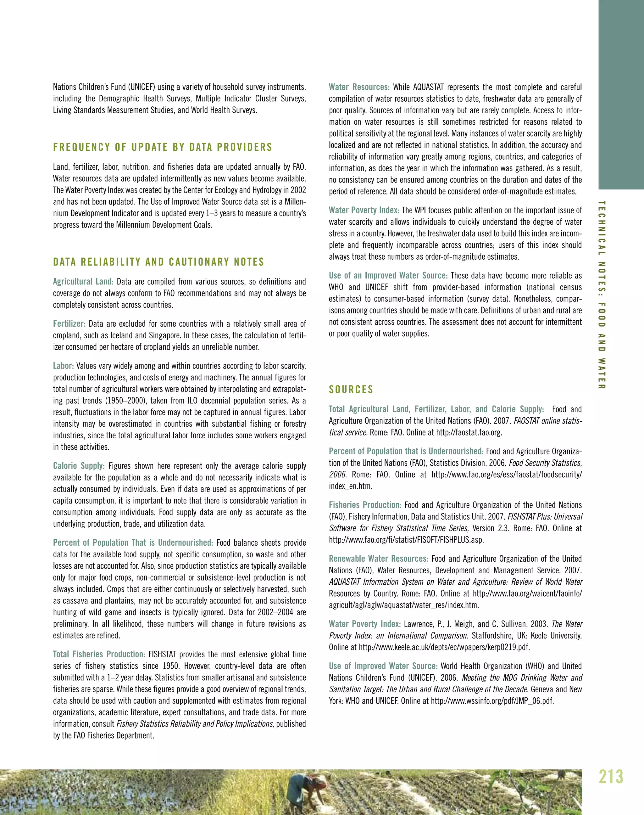 213
Nations Children’s Fund (UNICEF) using a variety of household survey instruments,
including the Demographic Health Surveys, Multiple Indicator Cluster Surveys,
Living Standards Measurement Studies, and World Health Surveys.
FREQUENCY OF UPDATE BY DATA PROVIDERS
Land, fertilizer, labor, nutrition, and fisheries data are updated annually by FAO.
Water resources data are updated intermittently as new values become available.
The Water Poverty Index was created by the Center for Ecology and Hydrology in 2002
and has not been updated. The Use of Improved Water Source data set is a Millen-
nium Development Indicator and is updated every 1–3 years to measure a country’s
progress toward the Millennium Development Goals.
DATA RELIABILITY AND CAUTIONARY NOTES
Agricultural Land: Data are compiled from various sources, so definitions and
coverage do not always conform to FAO recommendations and may not always be
completely consistent across countries.
Fertilizer: Data are excluded for some countries with a relatively small area of
cropland, such as Iceland and Singapore. In these cases, the calculation of fertil-
izer consumed per hectare of cropland yields an unreliable number.
Labor: Values vary widely among and within countries according to labor scarcity,
production technologies, and costs of energy and machinery. The annual figures for
total number of agricultural workers were obtained by interpolating and extrapolat-
ing past trends (1950–2000), taken from ILO decennial population series. As a
result, fluctuations in the labor force may not be captured in annual figures. Labor
intensity may be overestimated in countries with substantial fishing or forestry
industries, since the total agricultural labor force includes some workers engaged
in these activities.
Calorie Supply: Figures shown here represent only the average calorie supply
available for the population as a whole and do not necessarily indicate what is
actually consumed by individuals. Even if data are used as approximations of per
capita consumption, it is important to note that there is considerable variation in
consumption among individuals. Food supply data are only as accurate as the
underlying production, trade, and utilization data.
Percent of Population That is Undernourished: Food balance sheets provide
data for the available food supply, not specific consumption, so waste and other
losses are not accounted for. Also, since production statistics are typically available
only for major food crops, non-commercial or subsistence-level production is not
always included. Crops that are either continuously or selectively harvested, such
as cassava and plantains, may not be accurately accounted for, and subsistence
hunting of wild game and insects is typically ignored. Data for 2002–2004 are
preliminary. In all likelihood, these numbers will change in future revisions as
estimates are refined.
Total Fisheries Production: FISHSTAT provides the most extensive global time
series of fishery statistics since 1950. However, country-level data are often
submitted with a 1–2 year delay. Statistics from smaller artisanal and subsistence
fisheries are sparse. While these figures provide a good overview of regional trends,
data should be used with caution and supplemented with estimates from regional
organizations, academic literature, expert consultations, and trade data. For more
information, consult Fishery Statistics Reliability and Policy Implications, published
by the FAO Fisheries Department.
Water Resources: While AQUASTAT represents the most complete and careful
compilation of water resources statistics to date, freshwater data are generally of
poor quality. Sources of information vary but are rarely complete. Access to infor-
mation on water resources is still sometimes restricted for reasons related to
political sensitivity at the regional level. Many instances of water scarcity are highly
localized and are not reflected in national statistics. In addition, the accuracy and
reliability of information vary greatly among regions, countries, and categories of
information, as does the year in which the information was gathered. As a result,
no consistency can be ensured among countries on the duration and dates of the
period of reference. All data should be considered order-of-magnitude estimates.
Water Poverty Index: The WPI focuses public attention on the important issue of
water scarcity and allows individuals to quickly understand the degree of water
stress in a country. However, the freshwater data used to build this index are incom-
plete and frequently incomparable across countries; users of this index should
always treat these numbers as order-of-magnitude estimates.
Use of an Improved Water Source: These data have become more reliable as
WHO and UNICEF shift from provider-based information (national census
estimates) to consumer-based information (survey data). Nonetheless, compar-
isons among countries should be made with care. Definitions of urban and rural are
not consistent across countries. The assessment does not account for intermittent
or poor quality of water supplies.
SOURCES
Total Agricultural Land, Fertilizer, Labor, and Calorie Supply: Food and
Agriculture Organization of the United Nations (FAO). 2007. FAOSTAT online statis-
tical service. Rome: FAO. Online at http://faostat.fao.org.
Percent of Population that is Undernourished: Food and Agriculture Organiza-
tion of the United Nations (FAO), Statistics Division. 2006. Food Security Statistics,
2006. Rome: FAO. Online at http://www.fao.org/es/ess/faostat/foodsecurity/
index_en.htm.
Fisheries Production: Food and Agriculture Organization of the United Nations
(FAO), Fishery Information, Data and Statistics Unit. 2007. FISHSTAT Plus: Universal
Software for Fishery Statistical Time Series, Version 2.3. Rome: FAO. Online at
http://www.fao.org/fi/statist/FISOFT/FISHPLUS.asp.
Renewable Water Resources: Food and Agriculture Organization of the United
Nations (FAO), Water Resources, Development and Management Service. 2007.
AQUASTAT Information System on Water and Agriculture: Review of World Water
Resources by Country. Rome: FAO. Online at http://www.fao.org/waicent/faoinfo/
agricult/agl/aglw/aquastat/water_res/index.htm.
Water Poverty Index: Lawrence, P., J. Meigh, and C. Sullivan. 2003. The Water
Poverty Index: an International Comparison. Staffordshire, UK: Keele University.
Online at http://www.keele.ac.uk/depts/ec/wpapers/kerp0219.pdf.
Use of Improved Water Source: World Health Organization (WHO) and United
Nations Children’s Fund (UNICEF). 2006. Meeting the MDG Drinking Water and
Sanitation Target: The Urban and Rural Challenge of the Decade. Geneva and New
York: WHO and UNICEF. Online at http://www.wssinfo.org/pdf/JMP_06.pdf.
TECHNICALNOTES:FOODANDWATER
 