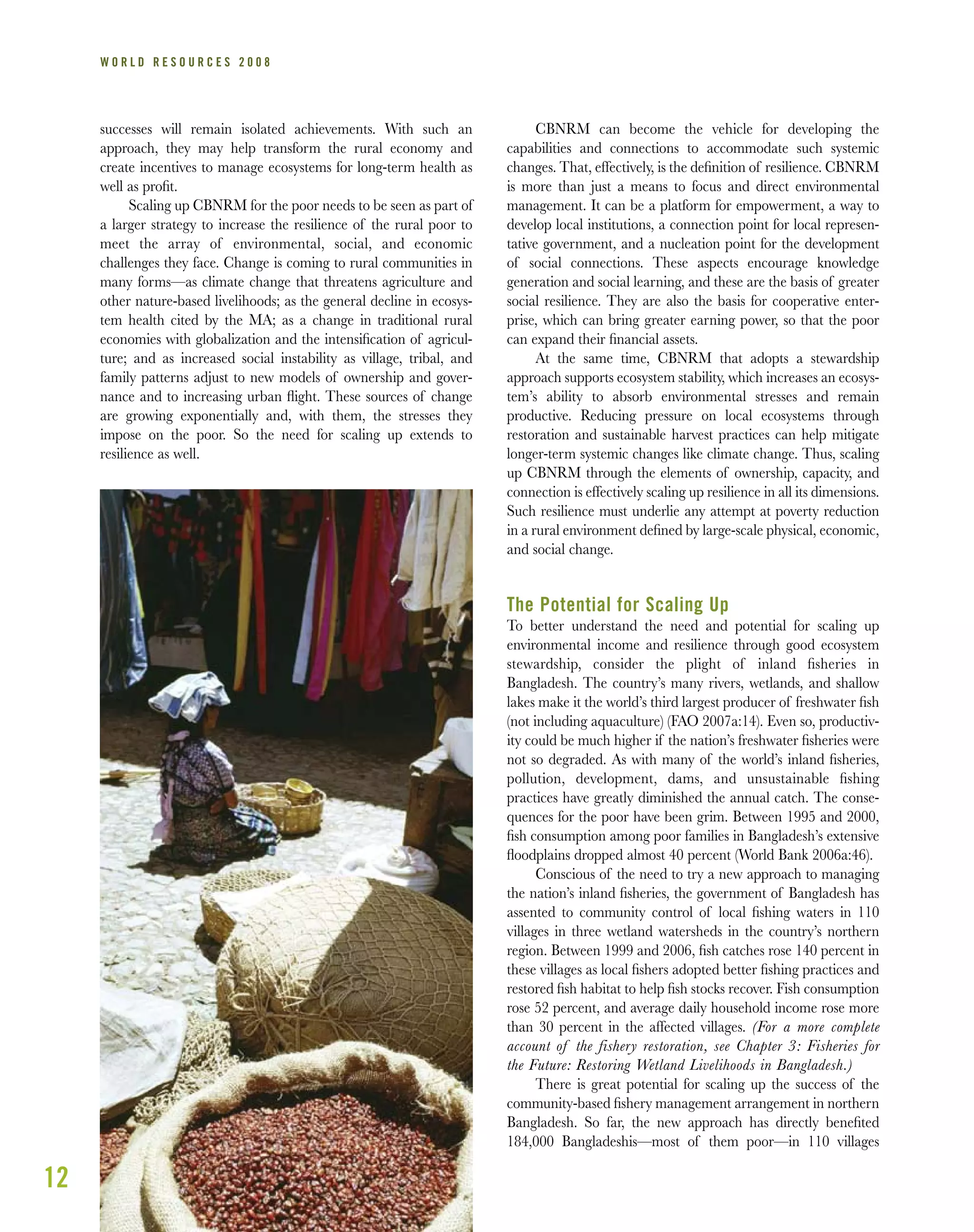 W O R L D R E S O U R C E S 2 0 0 8
successes will remain isolated achievements. With such an
approach, they may help transform the rural economy and
create incentives to manage ecosystems for long-term health as
well as proﬁt.
Scaling up CBNRM for the poor needs to be seen as part of
a larger strategy to increase the resilience of the rural poor to
meet the array of environmental, social, and economic
challenges they face. Change is coming to rural communities in
many forms—as climate change that threatens agriculture and
other nature-based livelihoods; as the general decline in ecosys-
tem health cited by the MA; as a change in traditional rural
economies with globalization and the intensiﬁcation of agricul-
ture; and as increased social instability as village, tribal, and
family patterns adjust to new models of ownership and gover-
nance and to increasing urban ﬂight. These sources of change
are growing exponentially and, with them, the stresses they
impose on the poor. So the need for scaling up extends to
resilience as well.
CBNRM can become the vehicle for developing the
capabilities and connections to accommodate such systemic
changes. That, effectively, is the deﬁnition of resilience. CBNRM
is more than just a means to focus and direct environmental
management. It can be a platform for empowerment, a way to
develop local institutions, a connection point for local represen-
tative government, and a nucleation point for the development
of social connections. These aspects encourage knowledge
generation and social learning, and these are the basis of greater
social resilience. They are also the basis for cooperative enter-
prise, which can bring greater earning power, so that the poor
can expand their ﬁnancial assets.
At the same time, CBNRM that adopts a stewardship
approach supports ecosystem stability, which increases an ecosys-
tem’s ability to absorb environmental stresses and remain
productive. Reducing pressure on local ecosystems through
restoration and sustainable harvest practices can help mitigate
longer-term systemic changes like climate change. Thus, scaling
up CBNRM through the elements of ownership, capacity, and
connection is effectively scaling up resilience in all its dimensions.
Such resilience must underlie any attempt at poverty reduction
in a rural environment deﬁned by large-scale physical, economic,
and social change.
The Potential for Scaling Up
To better understand the need and potential for scaling up
environmental income and resilience through good ecosystem
stewardship, consider the plight of inland ﬁsheries in
Bangladesh. The country’s many rivers, wetlands, and shallow
lakes make it the world’s third largest producer of freshwater ﬁsh
(not including aquaculture) (FAO 2007a:14). Even so, productiv-
ity could be much higher if the nation’s freshwater ﬁsheries were
not so degraded. As with many of the world’s inland ﬁsheries,
pollution, development, dams, and unsustainable ﬁshing
practices have greatly diminished the annual catch. The conse-
quences for the poor have been grim. Between 1995 and 2000,
ﬁsh consumption among poor families in Bangladesh’s extensive
ﬂoodplains dropped almost 40 percent (World Bank 2006a:46).
Conscious of the need to try a new approach to managing
the nation’s inland ﬁsheries, the government of Bangladesh has
assented to community control of local ﬁshing waters in 110
villages in three wetland watersheds in the country’s northern
region. Between 1999 and 2006, ﬁsh catches rose 140 percent in
these villages as local ﬁshers adopted better ﬁshing practices and
restored ﬁsh habitat to help ﬁsh stocks recover. Fish consumption
rose 52 percent, and average daily household income rose more
than 30 percent in the affected villages. (For a more complete
account of the fishery restoration, see Chapter 3: Fisheries for
the Future: Restoring Wetland Livelihoods in Bangladesh.)
There is great potential for scaling up the success of the
community-based ﬁshery management arrangement in northern
Bangladesh. So far, the new approach has directly beneﬁted
184,000 Bangladeshis—most of them poor—in 110 villages
12
 