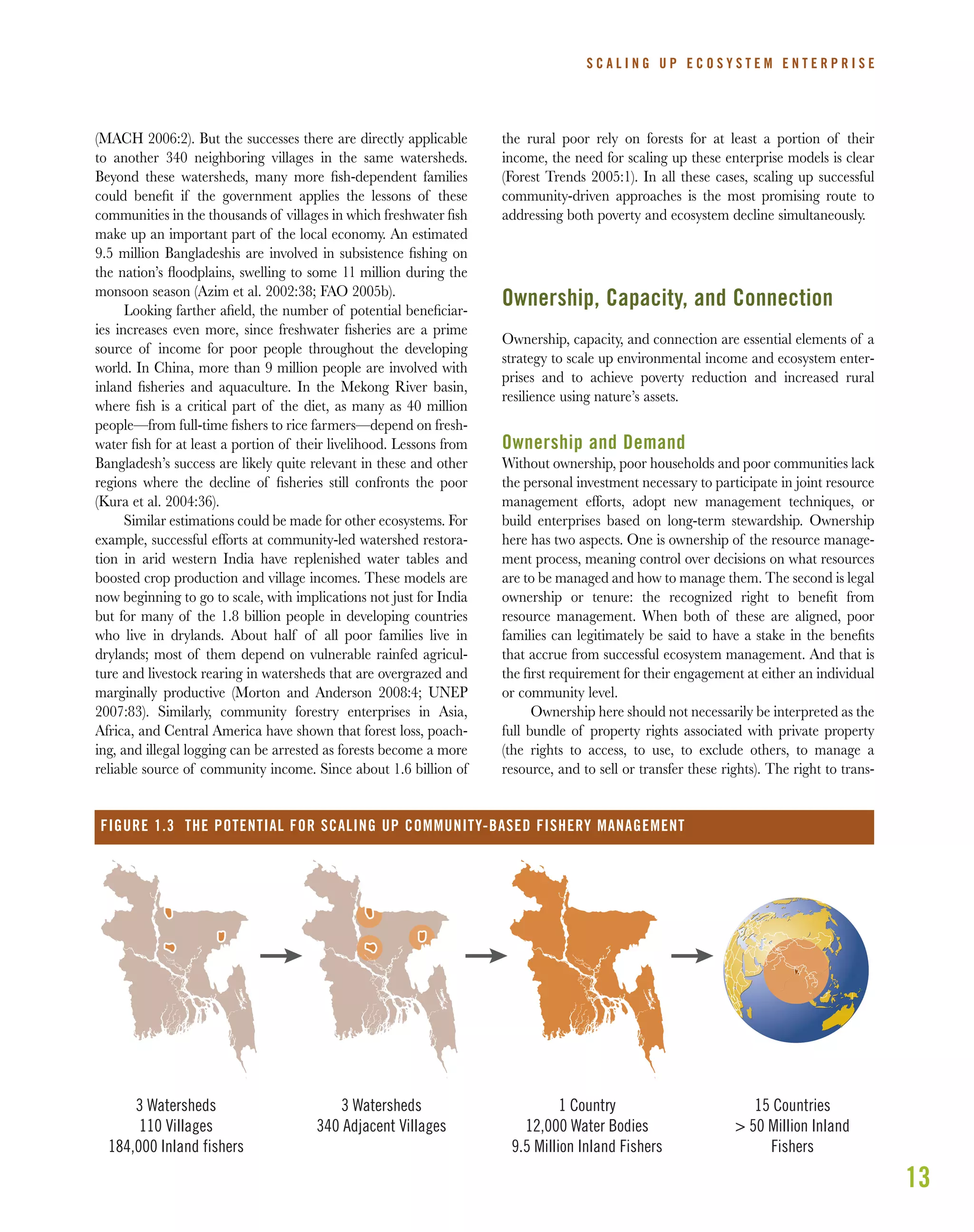 13
(MACH 2006:2). But the successes there are directly applicable
to another 340 neighboring villages in the same watersheds.
Beyond these watersheds, many more ﬁsh-dependent families
could beneﬁt if the government applies the lessons of these
communities in the thousands of villages in which freshwater ﬁsh
make up an important part of the local economy. An estimated
9.5 million Bangladeshis are involved in subsistence ﬁshing on
the nation’s ﬂoodplains, swelling to some 11 million during the
monsoon season (Azim et al. 2002:38; FAO 2005b).
Looking farther aﬁeld, the number of potential beneﬁciar-
ies increases even more, since freshwater ﬁsheries are a prime
source of income for poor people throughout the developing
world. In China, more than 9 million people are involved with
inland ﬁsheries and aquaculture. In the Mekong River basin,
where ﬁsh is a critical part of the diet, as many as 40 million
people—from full-time ﬁshers to rice farmers—depend on fresh-
water ﬁsh for at least a portion of their livelihood. Lessons from
Bangladesh’s success are likely quite relevant in these and other
regions where the decline of ﬁsheries still confronts the poor
(Kura et al. 2004:36).
Similar estimations could be made for other ecosystems. For
example, successful efforts at community-led watershed restora-
tion in arid western India have replenished water tables and
boosted crop production and village incomes. These models are
now beginning to go to scale, with implications not just for India
but for many of the 1.8 billion people in developing countries
who live in drylands. About half of all poor families live in
drylands; most of them depend on vulnerable rainfed agricul-
ture and livestock rearing in watersheds that are overgrazed and
marginally productive (Morton and Anderson 2008:4; UNEP
2007:83). Similarly, community forestry enterprises in Asia,
Africa, and Central America have shown that forest loss, poach-
ing, and illegal logging can be arrested as forests become a more
reliable source of community income. Since about 1.6 billion of
the rural poor rely on forests for at least a portion of their
income, the need for scaling up these enterprise models is clear
(Forest Trends 2005:1). In all these cases, scaling up successful
community-driven approaches is the most promising route to
addressing both poverty and ecosystem decline simultaneously.
Ownership, Capacity, and Connection
Ownership, capacity, and connection are essential elements of a
strategy to scale up environmental income and ecosystem enter-
prises and to achieve poverty reduction and increased rural
resilience using nature’s assets.
Ownership and Demand
Without ownership, poor households and poor communities lack
the personal investment necessary to participate in joint resource
management efforts, adopt new management techniques, or
build enterprises based on long-term stewardship. Ownership
here has two aspects. One is ownership of the resource manage-
ment process, meaning control over decisions on what resources
are to be managed and how to manage them. The second is legal
ownership or tenure: the recognized right to beneﬁt from
resource management. When both of these are aligned, poor
families can legitimately be said to have a stake in the beneﬁts
that accrue from successful ecosystem management. And that is
the ﬁrst requirement for their engagement at either an individual
or community level.
Ownership here should not necessarily be interpreted as the
full bundle of property rights associated with private property
(the rights to access, to use, to exclude others, to manage a
resource, and to sell or transfer these rights). The right to trans-
S C A L I N G U P E C O S Y S T E M E N T E R P R I S E
3 Watersheds
110 Villages
184,000 Inland fishers
3 Watersheds
340 Adjacent Villages
1 Country
12,000 Water Bodies
9.5 Million Inland Fishers
15 Countries
> 50 Million Inland
Fishers
FIGURE 1.3 THE POTENTIAL FOR SCALING UP COMMUNITY-BASED FISHERY MANAGEMENT
 