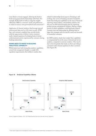 30 2013 World Retail Banking Report
more likely to remain engaged, allowing the bank to
build more personalized relationships with them. For
example, ICICI bank in India is using the insights
offered by CRM on customers’ needs and preferences
to make its services more personalized and customized.14
Application of channel analytics that leverage internal
unstructured data, such as call center records, ATM
logs, and customer complaint logs, provide banks
with the opportunity to deliver a more consistent
multi-channel experience by helping banks to better
understand pain points experienced by customers during
banking interactions.
Banks Need to Invest in Building
Analytical Capability
While banks have built strong data analytics capabilities
around risk management (largely to comply with
regulatory requirements), their ability to analyze data
related to relationship-based aspects of banking is still
evolving. Our survey of banking executives found that
banks have built good capabilities in the areas of financial
reporting, fraud analytics, and portfolio analytics, but
they are not effectively leveraging data for improving
product pricing and predictive analytics. Placing a higher
priority on these capabilities could help banks improve
customer trust and relationships by allowing them to
align their strategies with the specific needs and demands
of unsatisfied customers.
In CRM analytics, banks have ranked their capabilities
as comparatively low in the areas of channel and service
analytics, compared to customer analytics. This may be
due to the low priority that banks ascribe to providing a
consistent multi-channel experience to their customers
(See Figure 18).
Figure 18	 Analytical Capability of Banks
FIGURE 18 Analytical Capability of Banks
Data Analytics Capability
Pricing
Predictive
Analytics
Channel
Analytics
Service
Analytics
Customer
Analytics
Analytical CRM Capability
Bank’s Priority
Bank’sCapability
Bank’sCapability
Low
LowHigh
LowHigh
LowHigh Hiigh
Bank’s Priority
Portfolio
Analytics
Fraud
Analytics
Financial
Reporting
Sales
Analytics
Marketing
Analytics
Source: Capgemini Analysis, 2013; 2013 Retail Banking Executive Interview Survey, Capgemini
14
http://www.mbaknol.com/management-case-studies/customer-relationship-management-crm-in-banking-a-case-study-of-icici-bank/
 