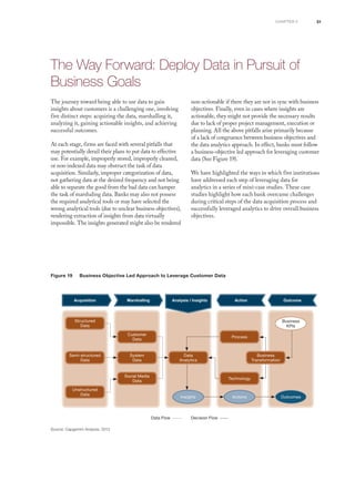 31
The Way Forward: Deploy Data in Pursuit of
Business Goals
The journey toward being able to use data to gain
insights about customers is a challenging one, involving
five distinct steps: acquiring the data, marshalling it,
analyzing it, gaining actionable insights, and achieving
successful outcomes.
At each stage, firms are faced with several pitfalls that
may potentially derail their plans to put data to effective
use. For example, improperly stored, improperly cleaned,
or non-indexed data may obstruct the task of data
acquisition. Similarly, improper categorization of data,
not gathering data at the desired frequency and not being
able to separate the good from the bad data can hamper
the task of marshaling data. Banks may also not possess
the required analytical tools or may have selected the
wrong analytical tools (due to unclear business objectives),
rendering extraction of insights from data virtually
impossible. The insights generated might also be rendered
non-actionable if there they are not in sync with business
objectives. Finally, even in cases where insights are
actionable, they might not provide the necessary results
due to lack of proper project management, execution or
planning. All the above pitfalls arise primarily because
of a lack of congruence between business objectives and
the data analytics approach. In effect, banks must follow
a business-objective led approach for leveraging customer
data (See Figure 19).
We have highlighted the ways in which five institutions
have addressed each step of leveraging data for
analytics in a series of mini-case studies. These case
studies highlight how each bank overcame challenges
during critical steps of the data acquisition process and
successfully leveraged analytics to drive overall business
objectives.
Figure 19	 Business Objective Led Approach to Leverage Customer Data
Source: Capgemini Analysis, 2013
Acquisition Marshalling Analysis / Insights Action Outcome
Structured
Data
Customer
Data
Process
Social Media
Data
Technology
System
Data
Data
Analytics
Business
Transformation
Semi-structured
Data
Unstructured
Data
Insights Actions Outcomes
Business
KPIs
Data Flow Decision Flow
chapter 3
 