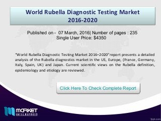 World Rubella Diagnostic Testing Market
2016-2020
“World Rubella Diagnostic Testing Market 2016–2020”report presents a detailed
analysis of the Rubella diagnostics market in the US, Europe, (France, Germany,
Italy, Spain, UK) and Japan. Current scientific views on the Rubella definition,
epidemiology and etiology are reviewed.
Published on - 07 March, 2016| Number of pages : 235
Single User Price: $4350
Click Here To Check Complete Report
 