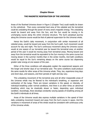 129
Chapter Eleven
THE MAGNETIC RESPIRATION OF THE UNIVERSE
Areas of the flywheel Universe shown in Figure 2 (Chapter Two) could readily be drawn
to the cylindrical. Then every connected land area of the celestial and the terrestrial
could be undulating through the power of every area’s magnetic energy. The undulating
would be toward and away from the Sun, and the Sun would be moving in its
unchanging course along the entire Universe structure. The Sun’s perpetual journey
along the Universe course would be that of paternal supervision for the Universe whole.
Hence the Earth’s daily movement, in conjunction with similar movement of all
celestial areas, would be toward and away from the Sun’s path. Such movement would
account for day and night. The Sun’s continuous movement along the Universe course
would at one season of our terrestrial year be toward the terrestrial area; at another
period of the year it would be moving away from terrestrial areas. Moving toward and
away from the terrestrial would be equivalent to the Sun moving in the same course but
moving slower in the summer months than in the winter months. And both conditions
would be equal to the Sun’s remaining always on the same course but dispensing
greater solar energy at one season of the year.
Either of the three conditions will adequately explain the experienced seasons and
the longer and shorter days of our terrestrial year. The same conditions could produce
the same results for other areas of the Universe whole. They, too, experience long days
and short days, and seasons, and their periods of night and day vary.
This undulating movement of the terrestrial area and all other inseparable areas of
the Universe whole may be likened to the individual’s breathing, or expansion and
contraction of the lungs. There are known variations in the speed, or intensity, of
individual breathing under normal conditions. And there is at other times an abnormal
breathing which may be drastically slower or faster, depending upon individual
condition. Accordingly, there develops constantly varying speeds of breathing among all
the Earth’s individuals at all times.
Areas of the Universe would also express multiple variations in the speed of their
daily undulating movement toward and away from the Sun’s course in space. And the
variations in movement of areas of the whole would be consistent with continuous unity
of the Universe whole.
 
