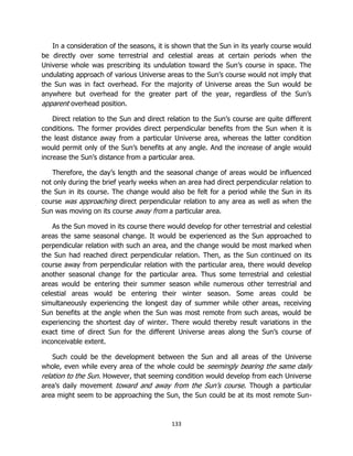 133
In a consideration of the seasons, it is shown that the Sun in its yearly course would
be directly over some terrestrial and celestial areas at certain periods when the
Universe whole was prescribing its undulation toward the Sun’s course in space. The
undulating approach of various Universe areas to the Sun’s course would not imply that
the Sun was in fact overhead. For the majority of Universe areas the Sun would be
anywhere but overhead for the greater part of the year, regardless of the Sun’s
apparent overhead position.
Direct relation to the Sun and direct relation to the Sun’s course are quite different
conditions. The former provides direct perpendicular benefits from the Sun when it is
the least distance away from a particular Universe area, whereas the latter condition
would permit only of the Sun’s benefits at any angle. And the increase of angle would
increase the Sun’s distance from a particular area.
Therefore, the day’s length and the seasonal change of areas would be influenced
not only during the brief yearly weeks when an area had direct perpendicular relation to
the Sun in its course. The change would also be felt for a period while the Sun in its
course was approaching direct perpendicular relation to any area as well as when the
Sun was moving on its course away from a particular area.
As the Sun moved in its course there would develop for other terrestrial and celestial
areas the same seasonal change. It would be experienced as the Sun approached to
perpendicular relation with such an area, and the change would be most marked when
the Sun had reached direct perpendicular relation. Then, as the Sun continued on its
course away from perpendicular relation with the particular area, there would develop
another seasonal change for the particular area. Thus some terrestrial and celestial
areas would be entering their summer season while numerous other terrestrial and
celestial areas would be entering their winter season. Some areas could be
simultaneously experiencing the longest day of summer while other areas, receiving
Sun benefits at the angle when the Sun was most remote from such areas, would be
experiencing the shortest day of winter. There would thereby result variations in the
exact time of direct Sun for the different Universe areas along the Sun’s course of
inconceivable extent.
Such could be the development between the Sun and all areas of the Universe
whole, even while every area of the whole could be seemingly bearing the same daily
relation to the Sun. However, that seeming condition would develop from each Universe
area’s daily movement toward and away from the Sun’s course. Though a particular
area might seem to be approaching the Sun, the Sun could be at its most remote Sun-
 