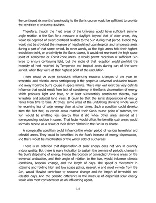 135
the continued six months’ propinquity to the Sun’s course would be sufficient to provide
the condition of enduring daylight.
Therefore, though the frigid areas of the Universe would have sufficient summer
angle relation to the Sun for a measure of daylight beyond that of other areas, they
would be deprived of direct overhead relation to the Sun during that period. Hence they
would not be provided the measure of heat lavished upon tropical and temperate areas
during a part of that same period. In other words, as the frigid areas held their highest
undulation point, or proximity to the Sun’s course, it would not represent the high space
point of Temperate or Torrid Zone areas. It would permit reception of sufficient Sun
force to ensure continuing light, but the angle of that reception would prohibit the
intensity of heat received by Temperate and tropical areas during part of the same
period, when they were at their highest point of the undulation.
There would be other conditions influencing seasonal changes of the year for
terrestrial and celestial areas participating in the perpetual universal undulation toward
and away from the Sun’s course in space infinite. There may well exist the very definite
influence that would result from lack of consistency in the Sun’s dispensation of energy
which produces light and heat, or at least substantially contributes thereto, over
terrestrial and celestial land areas. It could be that the Sun’s dispensation of energy
varies from time to time. At times, some areas of the undulating Universe whole would
be receiving less of solar energy than at other times. Such a condition could develop
from the fact that, as certain areas reached their Sun’s-course point of summer, the
Sun would be emitting less energy than it did when other areas arrived at a
corresponding position in space. That factor would offset the benefits such areas would
normally receive as a result of their direct relation to the Sun in its course.
A comparable condition could influence the winter period of various terrestrial and
celestial areas. They could be benefited by the Sun’s increase of energy dispensation,
and there would be modification of the winter cold of such areas.
There is no criterion that dispensation of solar energy does not vary in quantity
and/or quality. But there is every indication to sustain the premise of periodic change in
the Sun’s dispensing of energy. Hence the location of connected Universe areas on the
universal undulation, and their angle of relation to the Sun, would influence climatic
conditions, seasonal change, and the length of days. The speed of movement in
attaining and holding high and low space points, nearest to and most remote from the
Sun, would likewise contribute to seasonal change and the length of terrestrial and
celestial days. And the periodic difference in the measure of dispensed solar energy
would also merit consideration as an influencing agent.
 