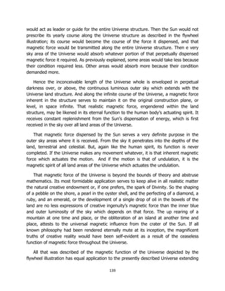 139
would act as leader or guide for the entire Universe structure. Then the Sun would not
prescribe its yearly course along the Universe structure as described in the flywheel
illustration; its course would become the course of the force it dispensed, and that
magnetic force would be transmitted along the entire Universe structure. Then e very
sky area of the Universe would absorb whatever portion of that perpetually dispensed
magnetic force it required. As previously explained, some areas would take less because
their condition required less. Other areas would absorb more because their condition
demanded more.
Hence the inconceivable length of the Universe whole is enveloped in perpetual
darkness over, or above, the continuous luminous outer sky which extends with the
Universe land structure. And along the infinite course of the Universe, a magnetic force
inherent in the structure serves to maintain it on the original construction plane, or
level, in space infinite. That realistic magnetic force, engendered within the land
structure, may be likened in its eternal function to the human body’s actuating spirit. It
receives constant replenishment from the Sun’s dispensation of energy, which is first
received in the sky over all land areas of the Universe.
That magnetic force dispensed by the Sun serves a very definite purpose in the
outer sky areas where it is received. From the sky it penetrates into the depths of the
land, terrestrial and celestial. But, again like the human spirit, its function is never
completed. If the Universe makes any movement whatever, it is that inherent magnetic
force which actuates the motion. And if the motion is that of undulation, it is the
magnetic spirit of all land areas of the Universe which actuates the undulation.
That magnetic force of the Universe is beyond the bounds of theory and abstruse
mathematics. Its most formidable application serves to keep alive in all realistic matter
the natural creative endowment or, if one prefers, the spark of Divinity. So the shaping
of a pebble on the shore, a pearl in the oyster shell, and the perfecting of a diamond, a
ruby, and an emerald, or the development of a single drop of oil in the bowels of the
land are no less expressions of creative ingenuity’s magnetic force than the inner blue
and outer luminosity of the sky which depends on that force. The up rearing of a
mountain at one time and place, or the obliteration of an island at another time and
place, attests to the universal magnetic influence from the crater of the Sun. If all
known philosophy had been rendered eternally mute at its inception, the magnificent
truths of creative reality would have been self-evident as a result of the ceaseless
function of magnetic force throughout the Universe.
All that was described of the magnetic function of the Universe depicted by the
flywheel illustration has equal application to the presently described Universe extending
 