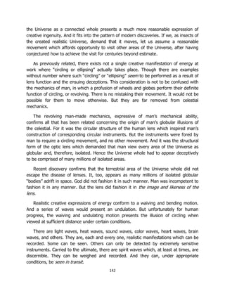 142
the Universe as a connected whole presents a much more reasonable expression of
creative ingenuity. And it fits into the pattern of modern discoveries. If we, as insects of
the created realistic Universe, demand that it moves, let us assume a reasonable
movement which affords opportunity to visit other areas of the Universe, after having
conjectured how to achieve the visit for centuries beyond estimate.
As previously related, there exists not a single creative manifestation of energy at
work where “circling or ellipsing” actually takes place. Though there are examples
without number where such “circling” or “ellipsing” seem to be performed as a result of
lens function and the ensuing deceptions. This consideration is not to be confused with
the mechanics of man, in which a profusion of wheels and globes perform their definite
function of circling, or revolving. There is no mistaking their movement. It would not be
possible for them to move otherwise. But they are far removed from celestial
mechanics.
The revolving man-made mechanics, expressive of man’s mechanical ability,
confirms all that has been related concerning the origin of man’s globular illusions of
the celestial. For it was the circular structure of the human lens which inspired man’s
construction of corresponding circular instruments. But the instruments were fored by
man to require a circling movement, and no other movement. And it was the structural
form of the optic lens which demanded that man view every area of the Universe as
globular and, therefore, isolated. Hence the Universe whole had to appear deceptively
to be comprised of many millions of isolated areas.
Recent discovery confirms that the terrestrial area of the Universe whole did not
escape the disease of lenses. It, too, appears as many millions of isolated globular
“bodies” adrift in space. God did not fashion it in such manner. Man was incompetent to
fashion it in any manner. But the lens did fashion it in the image and likeness of the
lens.
Realistic creative expressions of energy conform to a waiving and bending motion.
And a series of waves would present an undulation. But unfortunately for human
progress, the waiving and undulating motion presents the illusion of circling when
viewed at sufficient distance under certain conditions.
There are light waves, heat waves, sound waves, color waves, heart waves, brain
waves, and others. They are, each and every one, realistic manifestations which can be
recorded. Some can be seen. Others can only be detected by extremely sensitive
instruments. Carried to the ultimate, there are spirit waves which, at least at times, are
discernible. They can be weighed and recorded. And they can, under appropriate
conditions, be seen in transit.
 