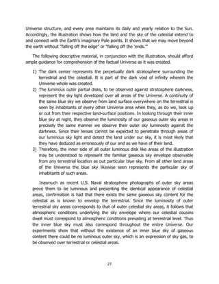 27
Universe structure, and every area maintains its daily and yearly relation to the Sun.
Accordingly, the illustration shows how the land and the sky of the celestial extend to
and connect with the Earth’s imaginary Pole points. It shows that we may move beyond
the earth without “falling off the edge” or “falling off the ‘ends.’”
The following descriptive material, in conjunction with the illustration, should afford
ample guidance for comprehension of the factual Universe as it was created.
1) The dark center represents the perpetually dark stratosphere surrounding the
terrestrial and the celestial. It is part of the dark void of infinity wherein the
Universe whole was created.
2) The luminous outer partial disks, to be observed against stratosphere darkness,
represent the sky light developed over all areas of the Universe. A continuity of
the same blue sky we observe from land surface everywhere on the terrestrial is
seen by inhabitants of every other Universe area when they, as do we, look up
or out from their respective land-surface positions. In looking through their inner
blue sky at night, they observe the luminosity of our gaseous outer sky areas in
precisely the same manner we observe their outer sky luminosity against the
darkness. Since their lenses cannot be expected to penetrate through areas of
our luminous sky light and detect the land under our sky, it is most likely that
they have deduced as erroneously of our and as we have of their land.
3) Therefore, the inner side of all outer luminous disk like areas of the illustration
may be understood to represent the familiar gaseous sky envelope observable
from any terrestrial location as out particular blue sky. From all other land areas
of the Universe the blue sky likewise seen represents the particular sky of
inhabitants of such areas.
Inasmuch as recent U.S. Naval stratosphere photographs of outer sky areas
prove them to be luminous and presenting the identical appearance of celestial
areas, confirmation is had that there exists the same gaseous sky content for the
celestial as is known to envelop the terrestrial. Since the luminosity of outer
terrestrial sky areas corresponds to that of outer celestial sky areas, it follows that
atmospheric conditions underlying the sky envelope where our celestial cousins
dwell must correspond to atmospheric conditions prevailing at terrestrial level. Thus
the inner blue sky must also correspond throughout the entire Universe. Our
experiments show that without the existence of an inner blue sky of gaseous
content there could be no luminous outer sky, which is an expression of sky gas, to
be observed over terrestrial or celestial areas.
 