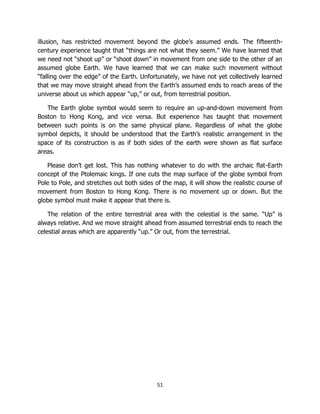 51
illusion, has restricted movement beyond the globe’s assumed ends. The fifteenth-
century experience taught that “things are not what they seem.” We have learned that
we need not “shoot up” or “shoot down” in movement from one side to the other of an
assumed globe Earth. We have learned that we can make such movement without
“falling over the edge” of the Earth. Unfortunately, we have not yet collectively learned
that we may move straight ahead from the Earth’s assumed ends to reach areas of the
universe about us which appear “up,” or out, from terrestrial position.
The Earth globe symbol would seem to require an up-and-down movement from
Boston to Hong Kong, and vice versa. But experience has taught that movement
between such points is on the same physical plane. Regardless of what the globe
symbol depicts, it should be understood that the Earth’s realistic arrangement in the
space of its construction is as if both sides of the earth were shown as flat surface
areas.
Please don’t get lost. This has nothing whatever to do with the archaic flat-Earth
concept of the Ptolemaic kings. If one cuts the map surface of the globe symbol from
Pole to Pole, and stretches out both sides of the map, it will show the realistic course of
movement from Boston to Hong Kong. There is no movement up or down. But the
globe symbol must make it appear that there is.
The relation of the entire terrestrial area with the celestial is the same. “Up” is
always relative. And we move straight ahead from assumed terrestrial ends to reach the
celestial areas which are apparently “up.” Or out, from the terrestrial.
 