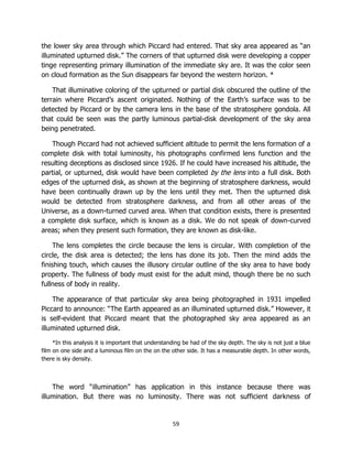 59
the lower sky area through which Piccard had entered. That sky area appeared as “an
illuminated upturned disk.” The corners of that upturned disk were developing a copper
tinge representing primary illumination of the immediate sky are. It was the color seen
on cloud formation as the Sun disappears far beyond the western horizon. *
That illuminative coloring of the upturned or partial disk obscured the outline of the
terrain where Piccard’s ascent originated. Nothing of the Earth’s surface was to be
detected by Piccard or by the camera lens in the base of the stratosphere gondola. All
that could be seen was the partly luminous partial-disk development of the sky area
being penetrated.
Though Piccard had not achieved sufficient altitude to permit the lens formation of a
complete disk with total luminosity, his photographs confirmed lens function and the
resulting deceptions as disclosed since 1926. If he could have increased his altitude, the
partial, or upturned, disk would have been completed by the lens into a full disk. Both
edges of the upturned disk, as shown at the beginning of stratosphere darkness, would
have been continually drawn up by the lens until they met. Then the upturned disk
would be detected from stratosphere darkness, and from all other areas of the
Universe, as a down-turned curved area. When that condition exists, there is presented
a complete disk surface, which is known as a disk. We do not speak of down-curved
areas; when they present such formation, they are known as disk-like.
The lens completes the circle because the lens is circular. With completion of the
circle, the disk area is detected; the lens has done its job. Then the mind adds the
finishing touch, which causes the illusory circular outline of the sky area to have body
property. The fullness of body must exist for the adult mind, though there be no such
fullness of body in reality.
The appearance of that particular sky area being photographed in 1931 impelled
Piccard to announce: “The Earth appeared as an illuminated upturned disk.” However, it
is self-evident that Piccard meant that the photographed sky area appeared as an
illuminated upturned disk.
*In this analysis it is important that understanding be had of the sky depth. The sky is not just a blue
film on one side and a luminous film on the on the other side. It has a measurable depth. In other words,
there is sky density.
The word “illumination” has application in this instance because there was
illumination. But there was no luminosity. There was not sufficient darkness of
 