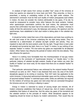 80
In analysis of light waves from various so-called “star” areas of the Universe at
times two spectra are observed to move back and forth. They prescribe, or there is
prescribed, a waving or undulating motion of the sky light under analysis. The
astronomer’s conclusion must be that such duality of motion presupposes dual entities
in motion. He does not consider the motions attributable to sky gases. If he did, he
would be empowered to consider many other features this book contains. Instead,
when spectroscopic examination confirms the dual motion, the astronomer must
assume that confirmation has been had of two distinct entities, or “bodies,” whereas in
reality all that the astronomer’s eyes, the telescope and camera, the spectrum and the
spectroscope, have established is that dual motion is taking place in the celestial sky-
light area.
It should be further noted that none of the observations and tests have anything to
do with land areas of the Universe underlying the sky light being tested. They are
restricted to a determination of celestial sky-light content and activity. They are
impotent to deal with the land existent under the sky light. Though there is land under
all celestial and terrestrial sky light, there is no “body” in motion, to say nothing of two
separate “bodies” in motion. The ever-active sky gases are responsible for all detected
motion. Other factors may influence the portrait of motion which the lens detects. They
also influence the spectrum.
Hence it is nothing more formidable than the misinterpretation of sky-gas motion
which leads to the conclusion of “spectroscopic binaries,” or “double stars,” in this
particular instance of celestial sky-light analysis. Duality of gas motion can exist. But
duality of “bodies” can never exist, for the reason that there are no celestial “bodies” to
have motion.
That particular astronomical feature was embraced by the original treatise Physical
Continuum as early as 1927. There it was disclosed that every sky area of the Earth
deceptively appears to be circling or revolving. That 1927 claim has application to the
entire Universe. It discounted astronomical interstellar space and the circling or ellipsing
of assumed isolated “bodies” in restricted space orbits. Orbits are definitely not required
for the motions of luminous sky gases over land areas that are connected throughout
the Universe and are not “circling or ellipsing in space.”
Energy in motion is restricted to waves of varying length and intensity. All of
modern enterprise establishes that feature of natural law. And of modern enterprise
establishes that feature of natural law. And the active sky gases of the terrestrial and
the celestial conform to the principle of motion. What deceptively appears to be
happening should be known as illusory by modern astronomers. Then would they be
 