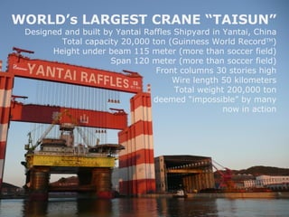 WORLD’s LARGEST CRANE “TAISUN” Designed and built by Yantai Raffles Shipyard in Yantai, China Total capacity 20,000 ton (Guinness World Record TM ) Height under beam 115 meter (more than soccer field) Span 120 meter (more than soccer field) Front columns 30 stories high Wire length 50 kilometers Total weight 200,000 ton deemed “impossible” by many now in action 