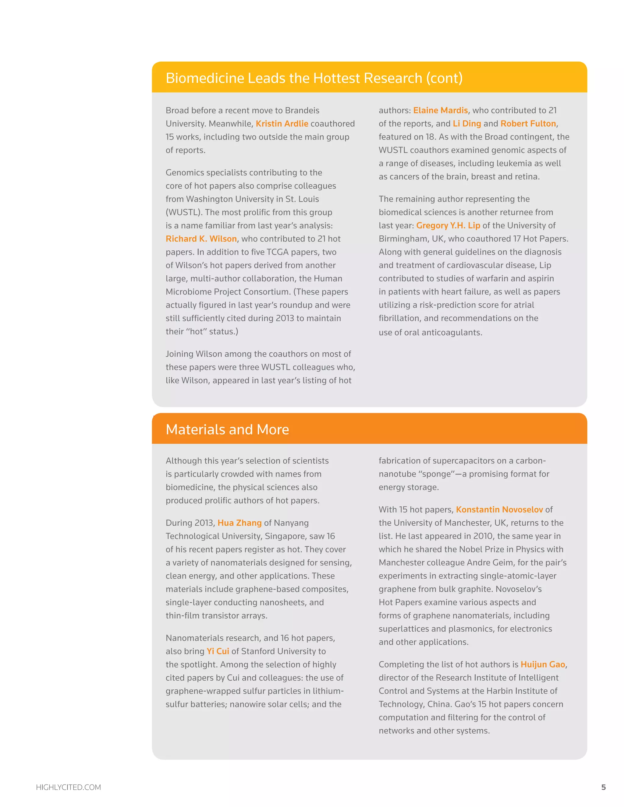 highlycited.com 	 5	
Although this year’s selection of scientists
is particularly crowded with names from
biomedicine, the physical sciences also
produced prolific authors of hot papers.
During 2013, Hua Zhang of Nanyang
Technological University, Singapore, saw 16
of his recent papers register as hot. They cover
a variety of nanomaterials designed for sensing,
clean energy, and other applications. These
materials include graphene-based composites,
single-layer conducting nanosheets, and
thin-film transistor arrays.
Nanomaterials research, and 16 hot papers,
also bring Yi Cui of Stanford University to
the spotlight. Among the selection of highly
cited papers by Cui and colleagues: the use of
graphene-wrapped sulfur particles in lithium-
sulfur batteries; nanowire solar cells; and the
fabrication of supercapacitors on a carbon-
nanotube “sponge”—a promising format for
energy storage.
With 15 hot papers, Konstantin Novoselov of
the University of Manchester, UK, returns to the
list. He last appeared in 2010, the same year in
which he shared the Nobel Prize in Physics with
Manchester colleague Andre Geim, for the pair’s
experiments in extracting single-atomic-layer
graphene from bulk graphite. Novoselov’s
Hot Papers examine various aspects and
forms of graphene nanomaterials, including
superlattices and plasmonics, for electronics
and other applications.
Completing the list of hot authors is Huijun Gao,
director of the Research Institute of Intelligent
Control and Systems at the Harbin Institute of
Technology, China. Gao’s 15 hot papers concern
computation and filtering for the control of
networks and other systems.
Broad before a recent move to Brandeis
University. Meanwhile, Kristin Ardlie coauthored
15 works, including two outside the main group
of reports.
Genomics specialists contributing to the
core of hot papers also comprise colleagues
from Washington University in St. Louis
(WUSTL). The most prolific from this group
is a name familiar from last year’s analysis:
Richard K. Wilson, who contributed to 21 hot
papers. In addition to five TCGA papers, two
of Wilson’s hot papers derived from another
large, multi-author collaboration, the Human
Microbiome Project Consortium. (These papers
actually figured in last year’s roundup and were
still sufficiently cited during 2013 to maintain
their “hot” status.)
Joining Wilson among the coauthors on most of
these papers were three WUSTL colleagues who,
like Wilson, appeared in last year’s listing of hot
authors: Elaine Mardis, who contributed to 21
of the reports, and Li Ding and Robert Fulton,
featured on 18. As with the Broad contingent, the
WUSTL coauthors examined genomic aspects of
a range of diseases, including leukemia as well
as cancers of the brain, breast and retina.
The remaining author representing the
biomedical sciences is another returnee from
last year: Gregory Y.H. Lip of the University of
Birmingham, UK, who coauthored 17 Hot Papers.
Along with general guidelines on the diagnosis
and treatment of cardiovascular disease, Lip
contributed to studies of warfarin and aspirin
in patients with heart failure, as well as papers
utilizing a risk-prediction score for atrial
fibrillation, and recommendations on the
use of oral anticoagulants.
Higgs Honorable MentionMaterials and More
Biomedicine Leads the Hottest Research (cont)
 