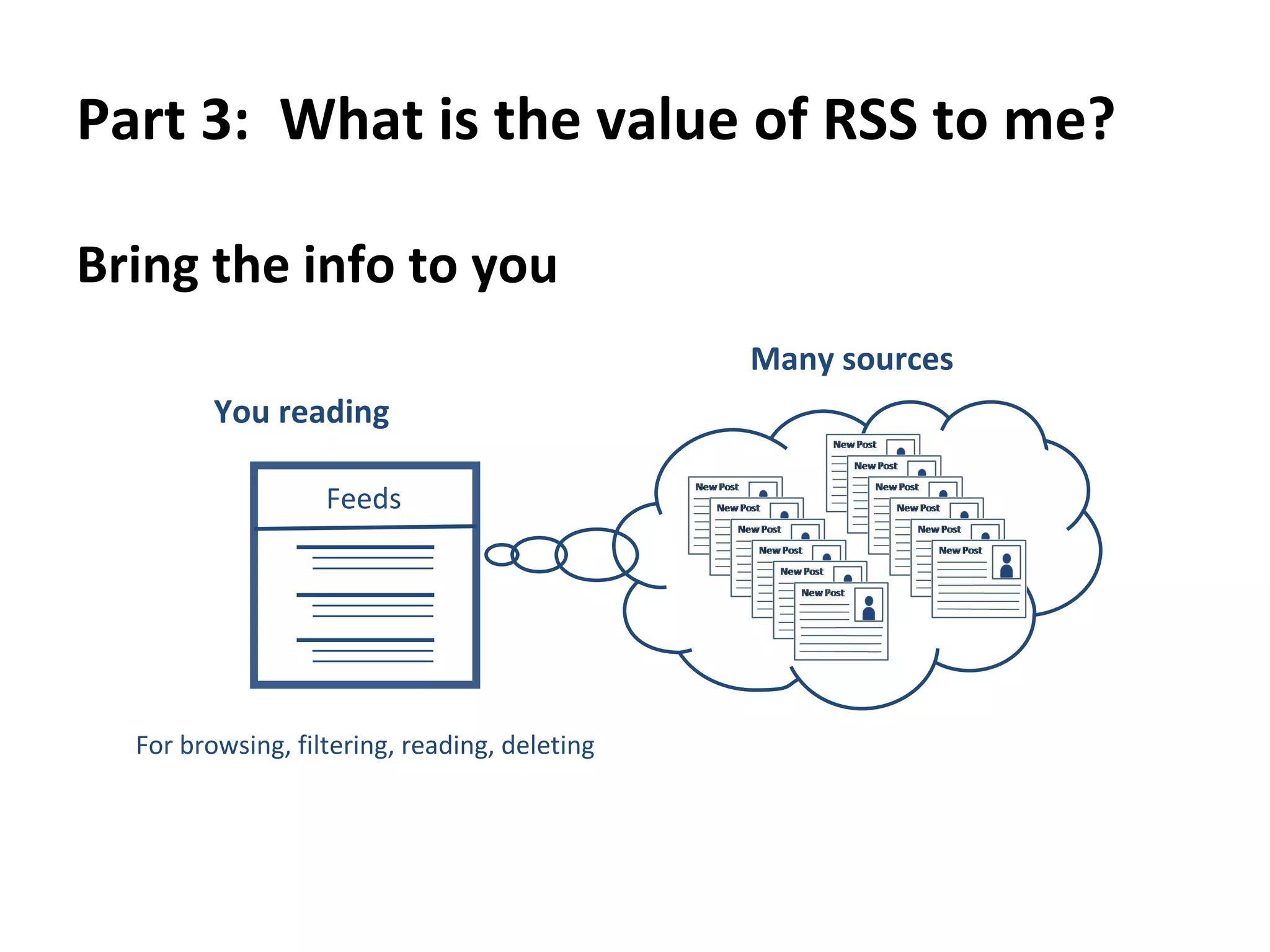 Part 3:  What is the value of RSS to me?  RSS lets you  safely,  easily  and quickly  consume information  from many sources  in one place  that you control.  AND IT’S NOT EMAIL!! 