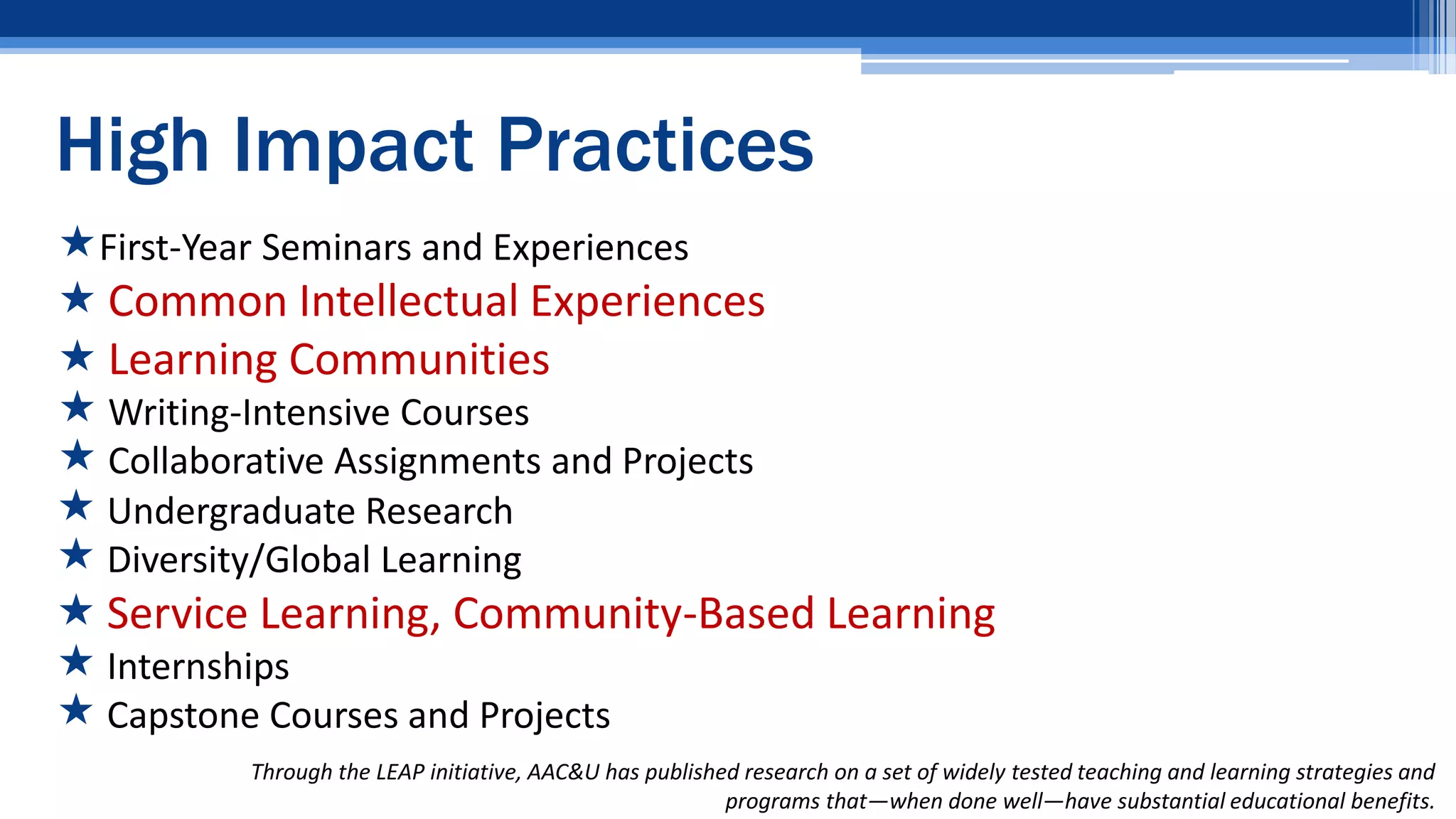 Through the LEAP initiative, AAC&U has published research on a set of widely tested teaching and learning strategies and
programs that—when done well—have substantial educational benefits.
High Impact Practices
First-Year Seminars and Experiences
 Common Intellectual Experiences
 Learning Communities
 Writing-Intensive Courses
 Collaborative Assignments and Projects
 Undergraduate Research
 Diversity/Global Learning
 Service Learning, Community-Based Learning
 Internships
 Capstone Courses and Projects
 