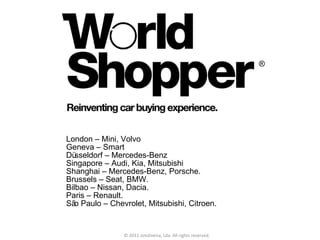 London – Mini, Volvo Geneva – Smart Düsseldorf – Mercedes-Benz Singapore – Audi, Kia, Mitsubishi Shanghai – Mercedes-Benz, Porsche. Brussels – Seat, BMW. Bilbao – Nissan, Dacia. Paris – Renault. São Paulo – Chevrolet, Mitsubishi, Citroen. © 2011 Jotoliveira, Lda. All rights reserved. ® 