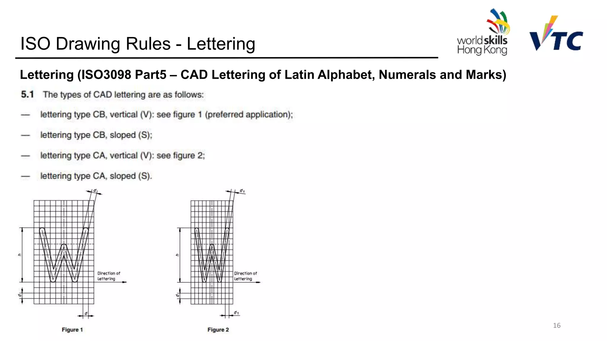 16
ISO Drawing Rules - Lettering
Lettering (ISO3098 Part5 – CAD Lettering of Latin Alphabet, Numerals and Marks)
 