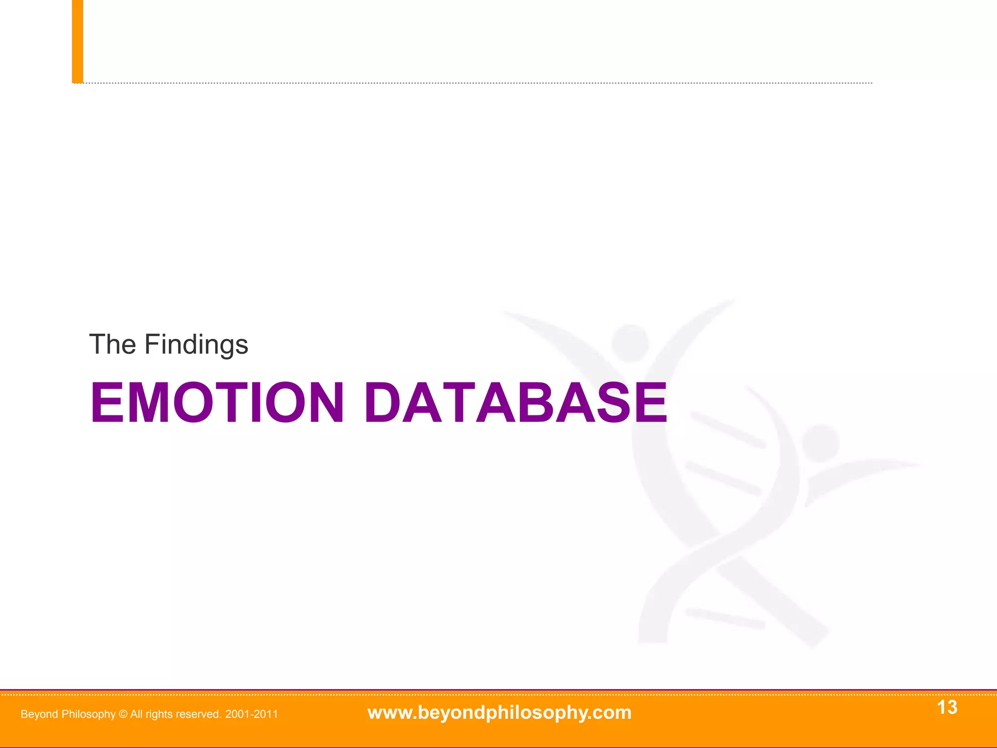 11Endorsement from the Market Research IndustryThe DNA of customer experience: how emotions drive value“The case for focusing on emotionas a philosophy for building a betterexperience for customers as presented in the book is a compellingone. The methodology for undertaking the necessary emotional analysisis practical, simple, potentially veryeffective, and enables organizations tobenchmark themselves by sector and'best practice'.International Journal of Market Research Vol. 53 Issue 1, Peter Mouncey, EditorEndorsement from  Research Industry Magazinehttp://www.research-live.com/magazine/why-we-must-measure-emotion/4003434.articleIndependent, Peer Reviewed Endorsement from the leading Journal for Market ResearchBeyond Philosophy © All rights reserved. 2001-2011Scale development with Professor Voss of London Business School, Professor Raymond (Chair of Experimental Consumer Psychology at University of Wales) and Dr Miles (ex- York University) now Quantitative Psychologist and RAND corporation