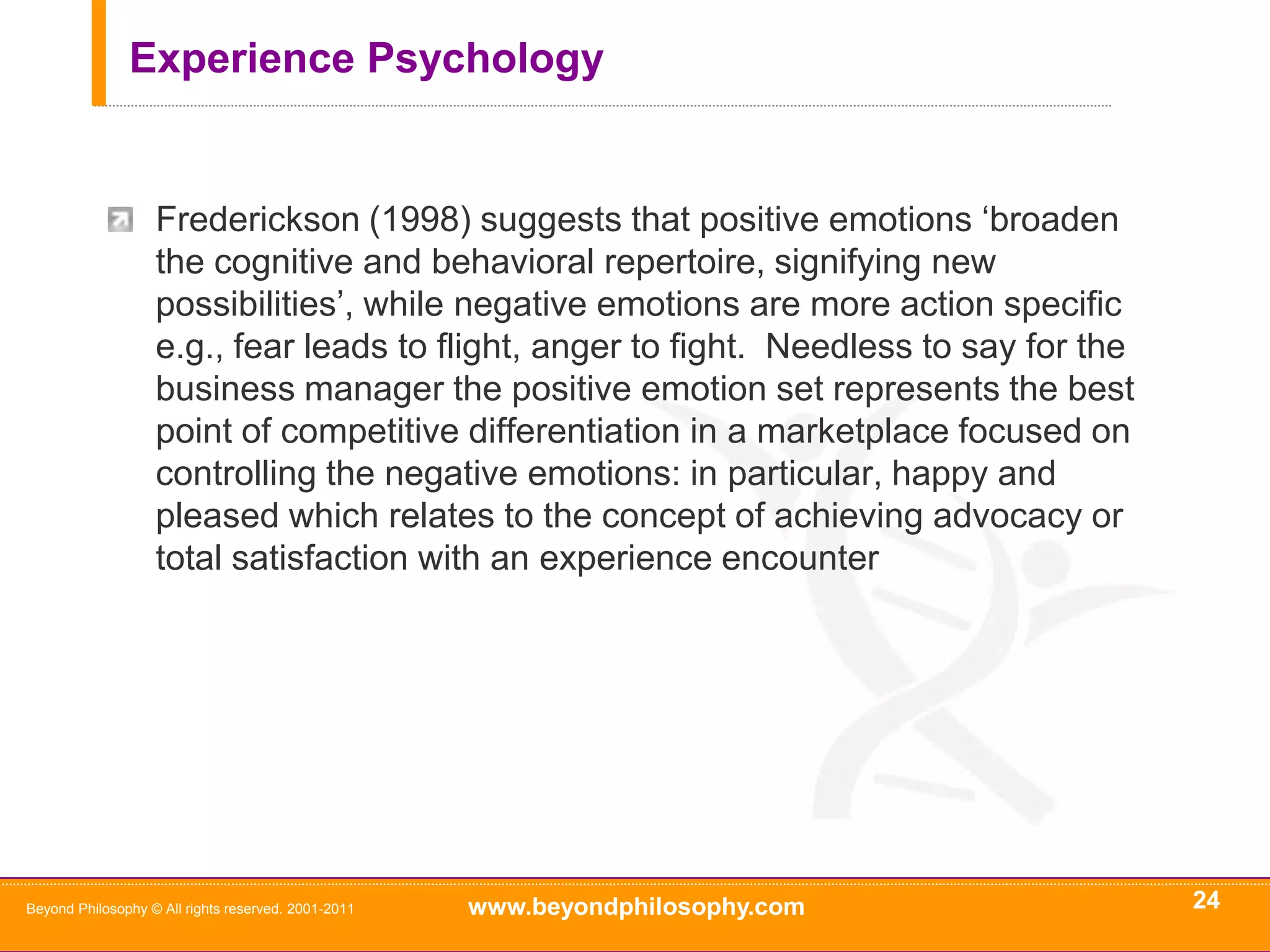 Avoid The Cost of a Negative Experience 22Beyond Philosophy © All rights reserved. 2001-2011Case Study:Enterprise with 2 million customersRevenue = $200,000,000 per year Average Revenue per customer = $100 per yearSources: Cherry Tree Research, Bain & Co., McKinsey, Harvard Business Review and Gartner2,992 customers$299,200At risk — 34%Issue not resolved2,464 customers$246,400Complain2%Defect — 28%8,800customersPoor experience22%Resolved — 38%440,000customersDo notcomplain98%At risk — 55%Decline in walletshare237,160 customers$23,716,000Positiveexperience 78%431,200customers194,040 customers$19,404,000Defect — 45% 