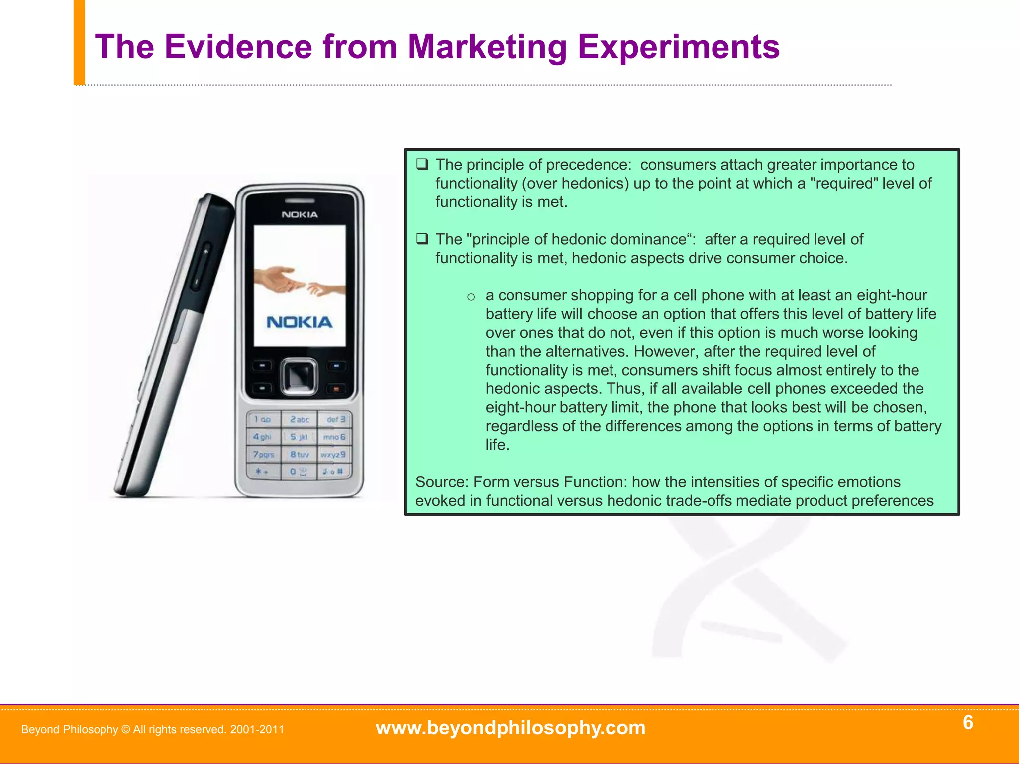 The Evidence from Marketing Experiments6Beyond Philosophy © All rights reserved. 2001-2011The principle of precedence:  consumers attach greater importance to functionality (over hedonics) up to the point at which a "required" level of functionality is met.   