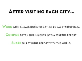 After visiting each city…	
  

Work with ambassadors to gather local startup data

  Compile data + our insights into a startup report

      Share our startup report with the world
 