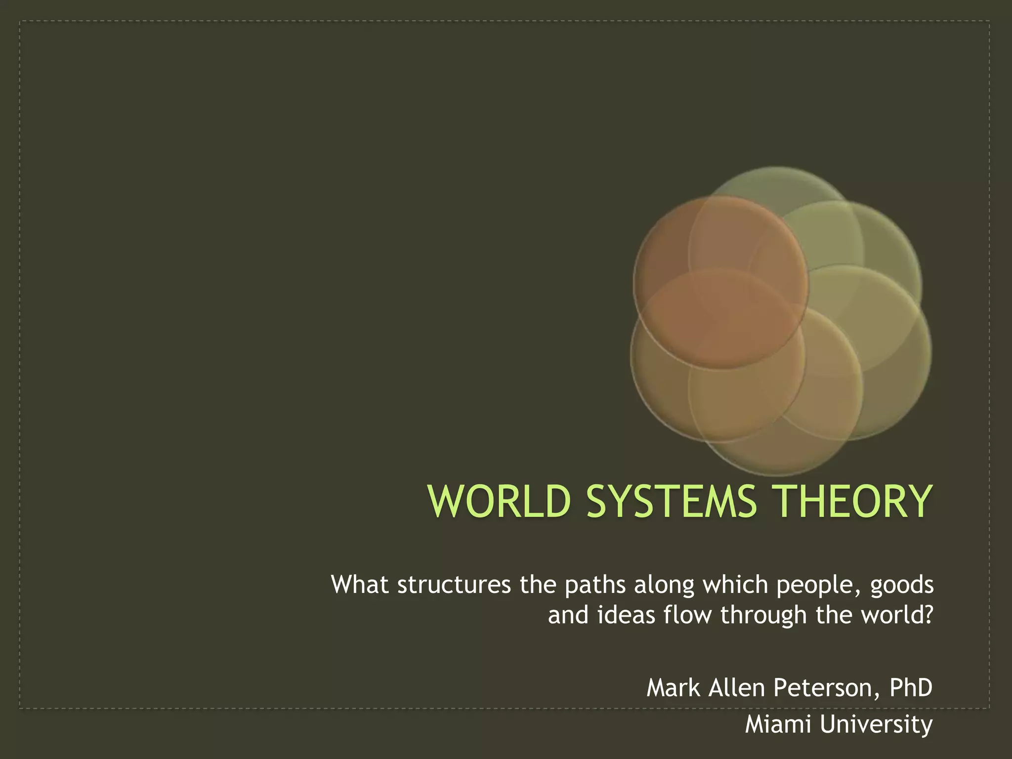 What structures the paths along which people, goods
and ideas flow through the world?
Mark Allen Peterson, PhD
Miami University
WORLD SYSTEMS THEORY
 