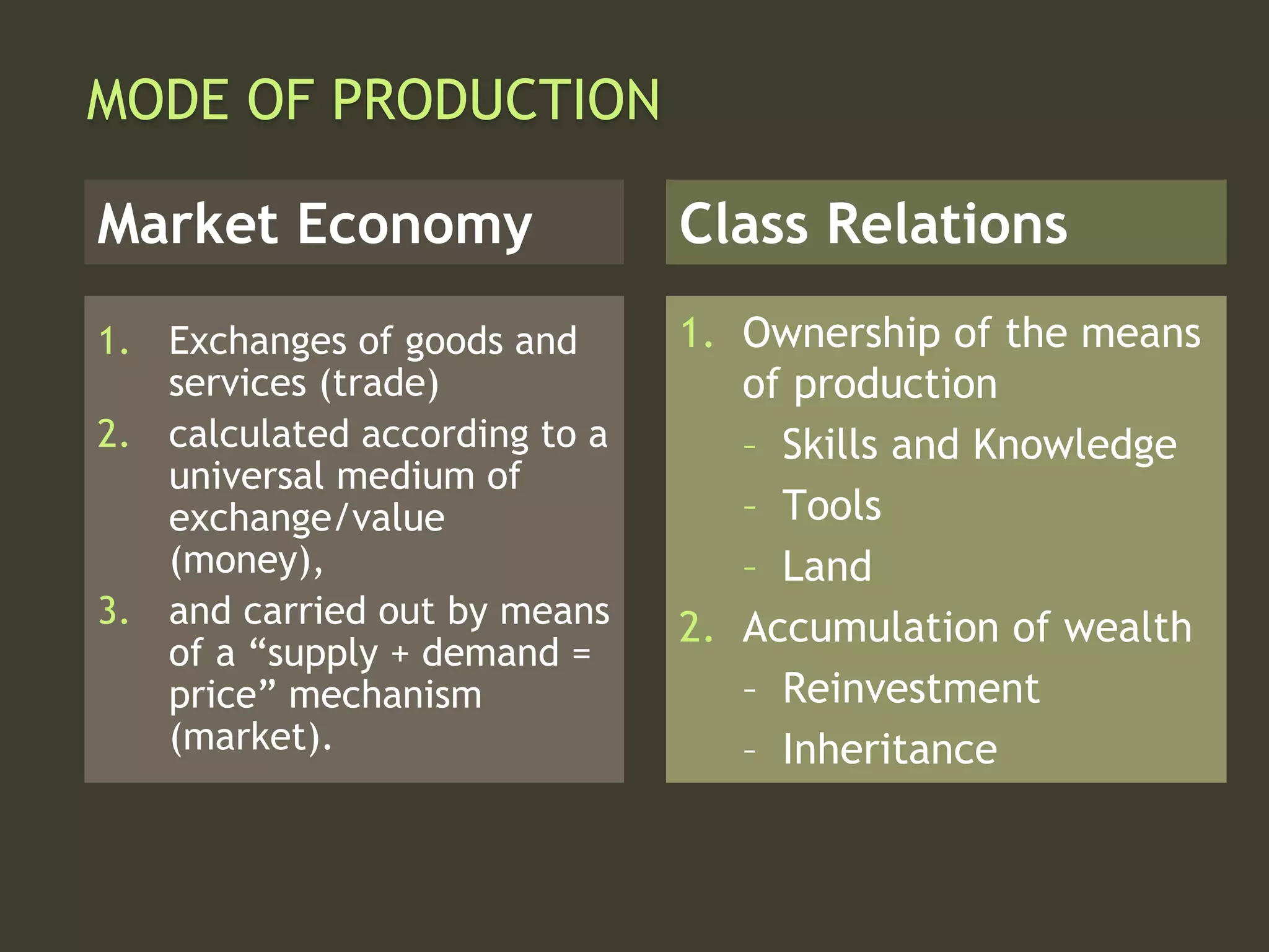 MODE OF PRODUCTION
1. Exchanges of goods and
services (trade)
2. calculated according to a
universal medium of
exchange/value
(money),
3. and carried out by means
of a “supply + demand =
price” mechanism
(market).
1. Ownership of the means
of production
– Skills and Knowledge
– Tools
– Land
2. Accumulation of wealth
– Reinvestment
– Inheritance
Market Economy Class Relations
 