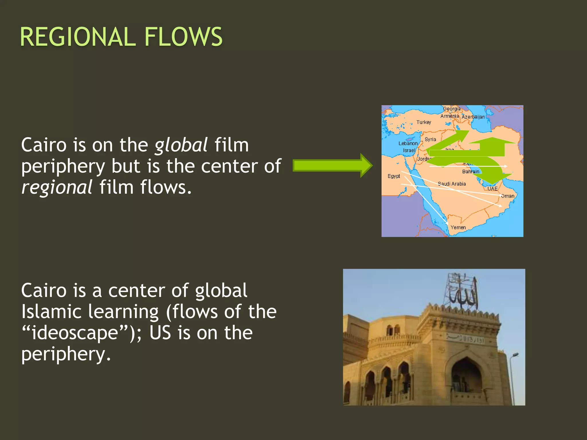 REGIONAL FLOWS
Cairo is on the global film
periphery but is the center of
regional film flows.
Cairo is a center of global
Islamic learning (flows of the
“ideoscape”); US is on the
periphery.
 
