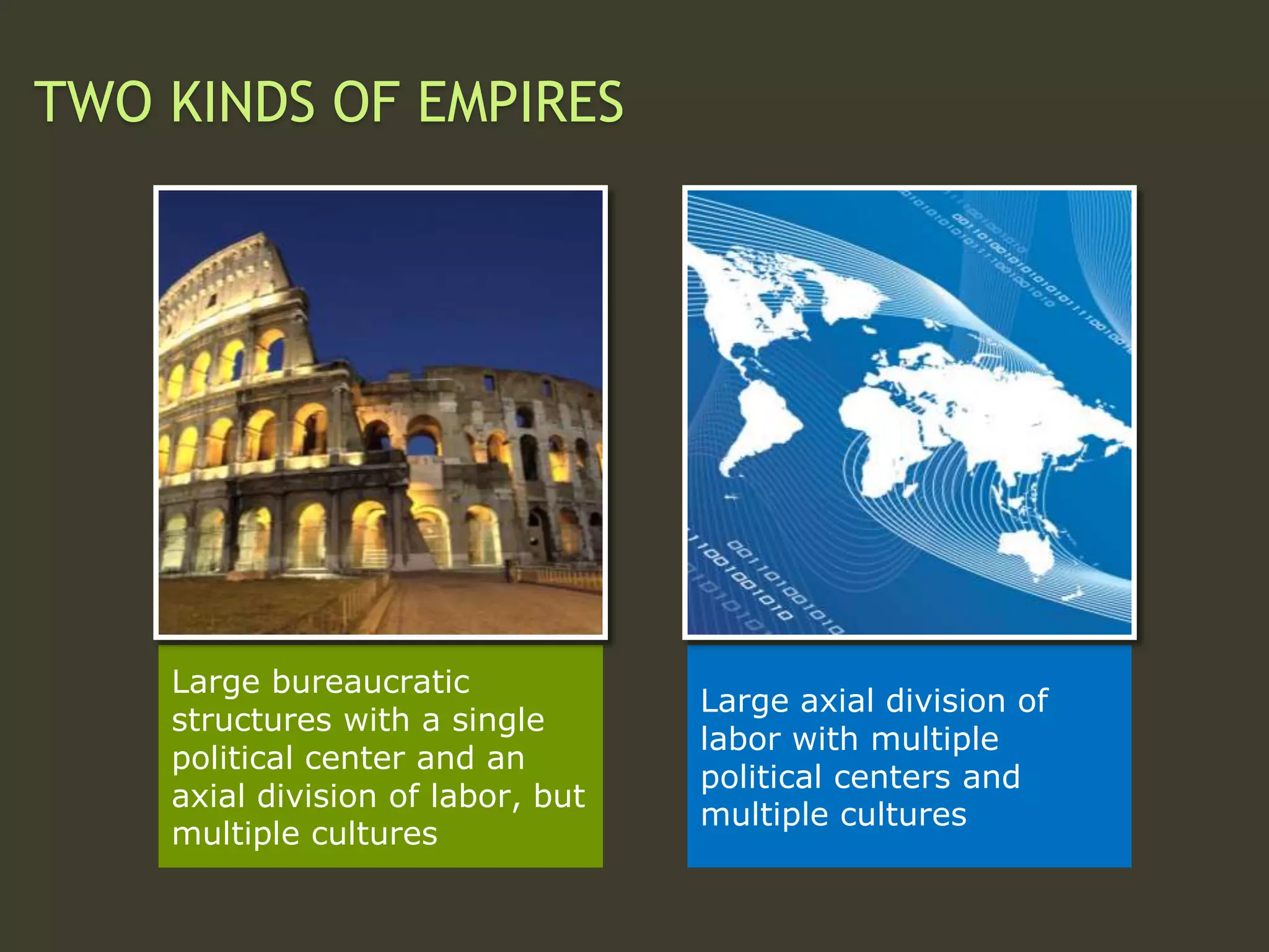 Large axial division of
labor with multiple
political centers and
multiple cultures
Large bureaucratic
structures with a single
political center and an
axial division of labor, but
multiple cultures
TWO KINDS OF EMPIRES
 