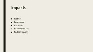 Impacts
■ Political
■ Governance
■ Economics
■ International law
■ Nuclear security
 