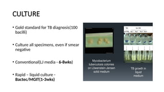 CULTURE
• Gold standard for TB diagnosis(100
bacilli)
• Culture all specimens, even if smear
negative
• Conventional(LJ media - 6-8wks)
• Rapid – liquid culture -
Bactec/MGIT(1-3wks)
 