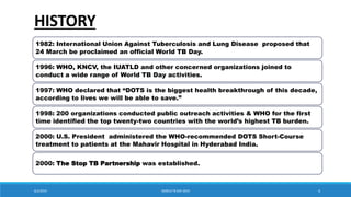 HISTORY
1982: International Union Against Tuberculosis and Lung Disease proposed that
24 March be proclaimed an official World TB Day.
1996: WHO, KNCV, the IUATLD and other concerned organizations joined to
conduct a wide range of World TB Day activities.
1997: WHO declared that “DOTS is the biggest health breakthrough of this decade,
according to lives we will be able to save.”
1998: 200 organizations conducted public outreach activities & WHO for the first
time identified the top twenty-two countries with the world’s highest TB burden.
2000: U.S. President administered the WHO-recommended DOTS Short-Course
treatment to patients at the Mahavir Hospital in Hyderabad India.
2000: The Stop TB Partnership was established.
8/2/2019 WORLD TB DAY 2019 4
 