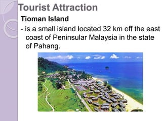 Tourist Attraction
Tioman Island
- is a small island located 32 km off the east
coast of Peninsular Malaysia in the state
of Pahang.
 